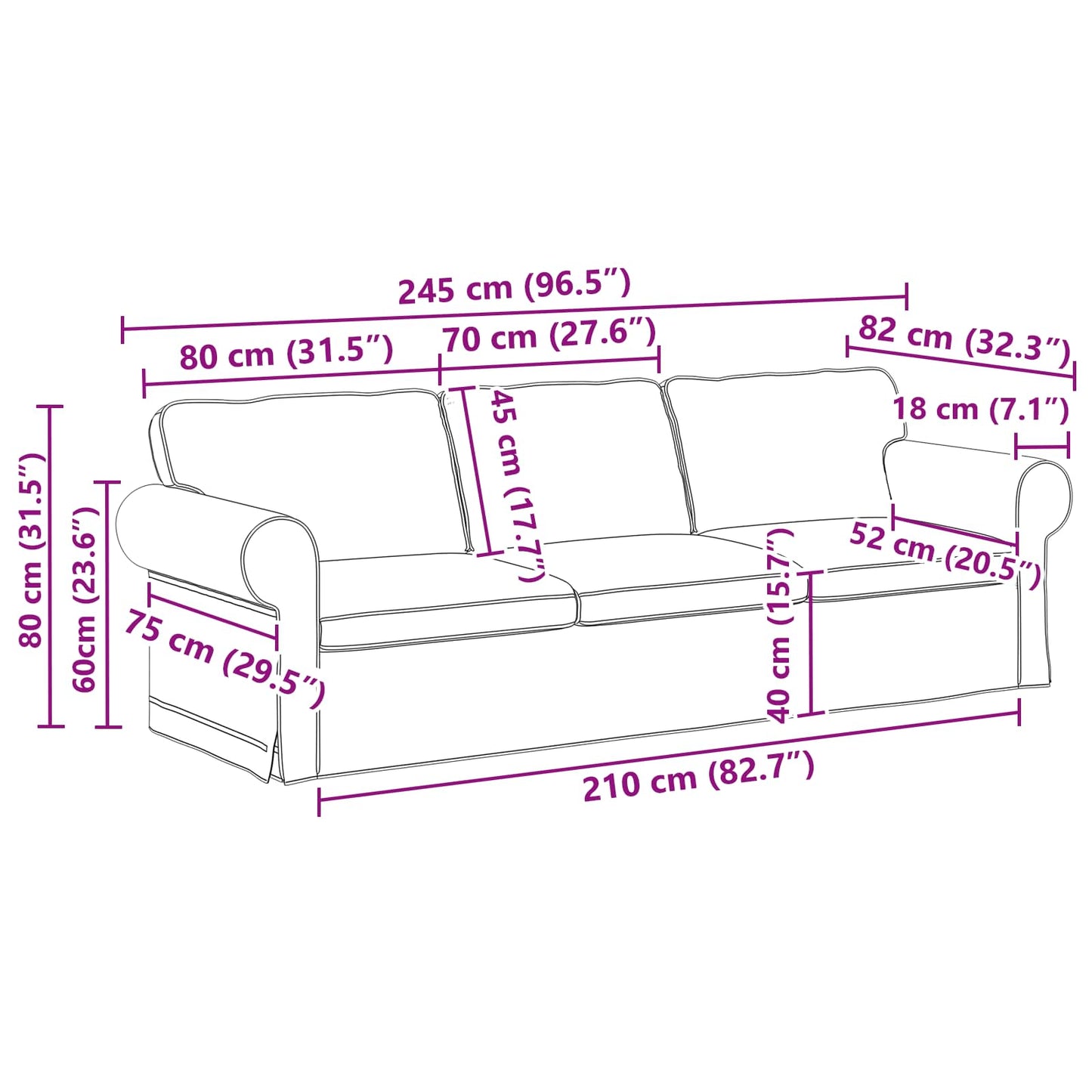 vidaXL Καναπές Κρεμ 245 x 82 x 80 εκ ύφασμα