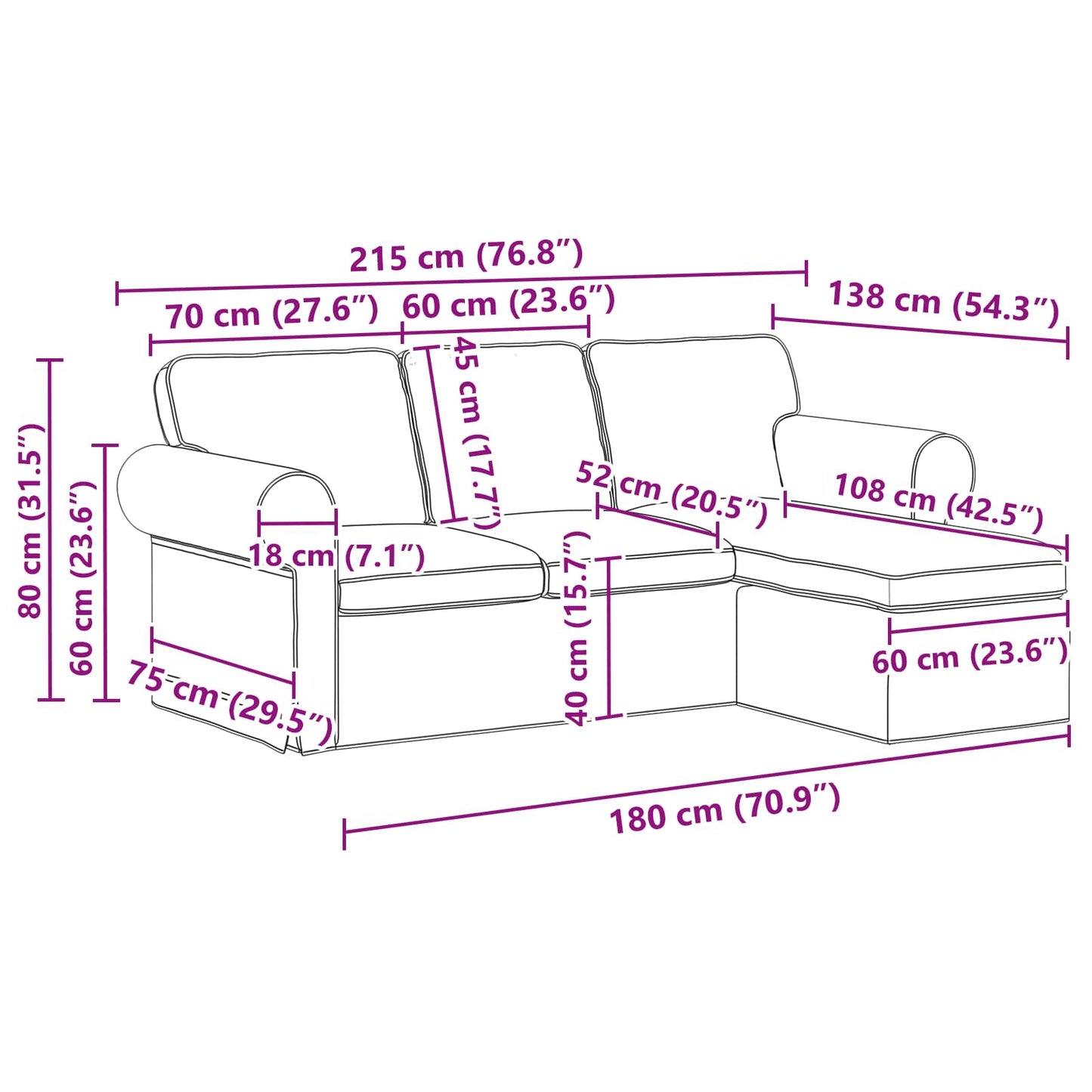vidaXL Καναπές Σκούρο Γκρι 215 x 138 x 80 εκ ύφασμα