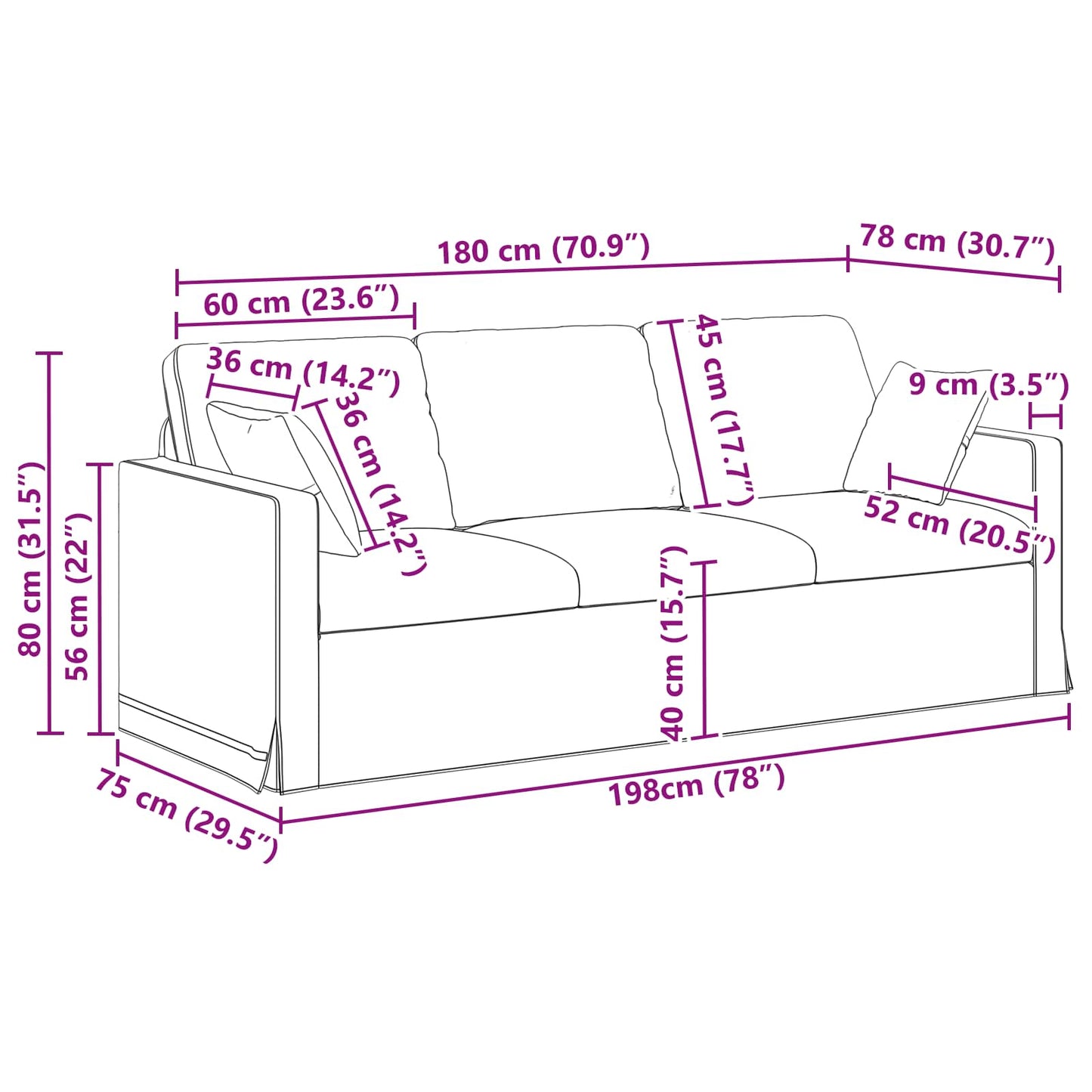 vidaXL Καναπές Ροζ 198 x 78 x 80 εκ Βελούδο