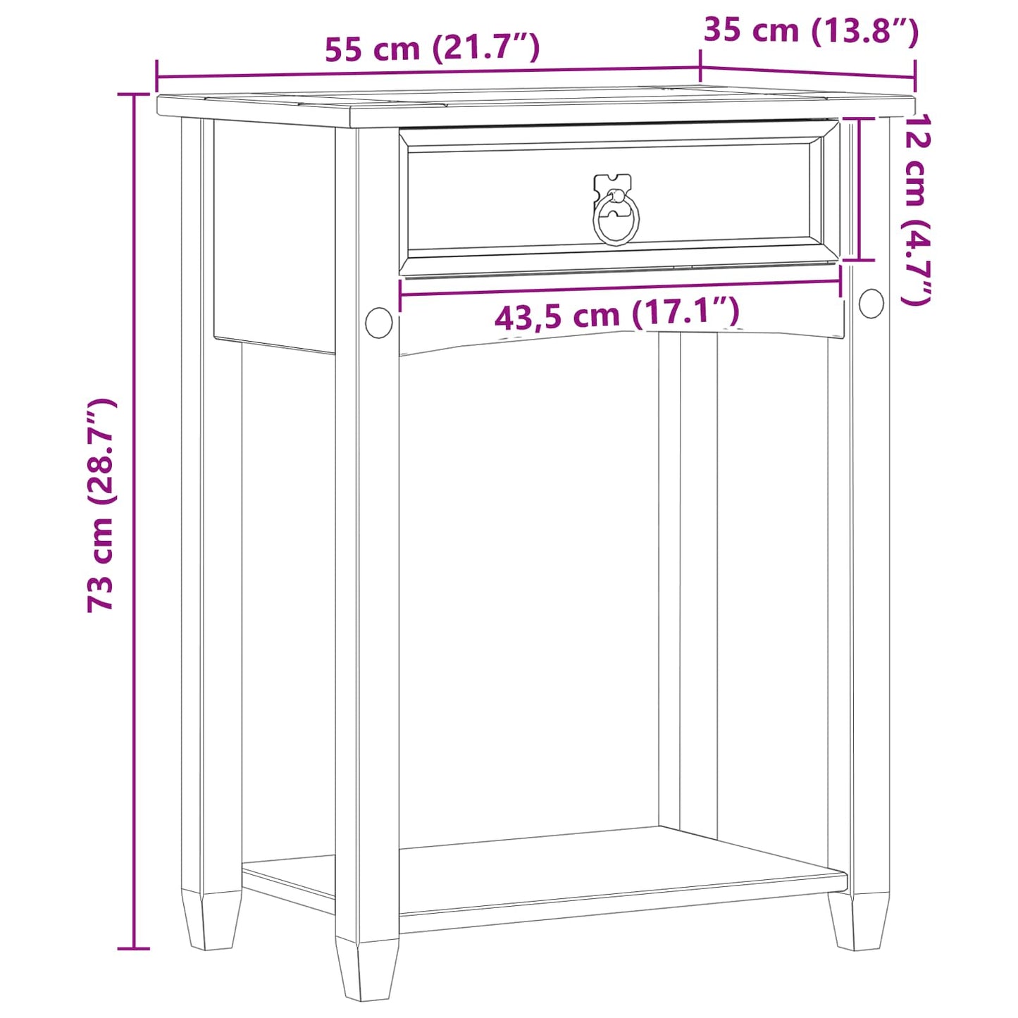vidaXL Κονσόλα με συρτάρι Λευκό 55 x 35 x 73 εκ Στερεά ξυλεία πεύκου