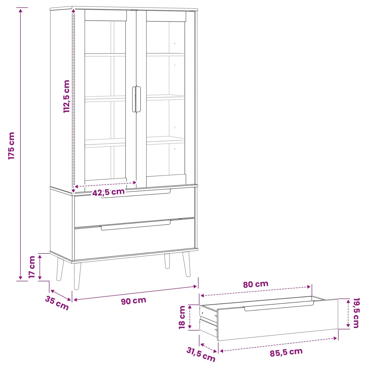 vidaXL Γυάλινη Βαθιά Ντουλάπα Μαύρο 90 x 35 x 175 εκ