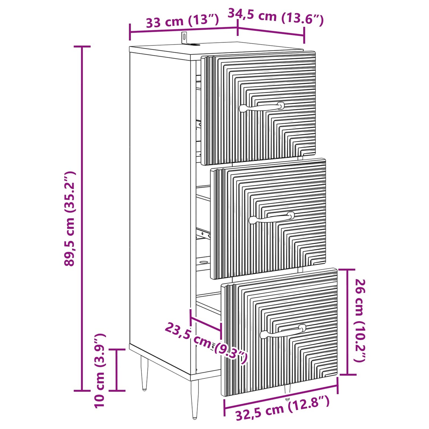 vidaXL Ντουλάπι με Συρτάρια Λευκό 33 x 34,5 x 89,5 εκ