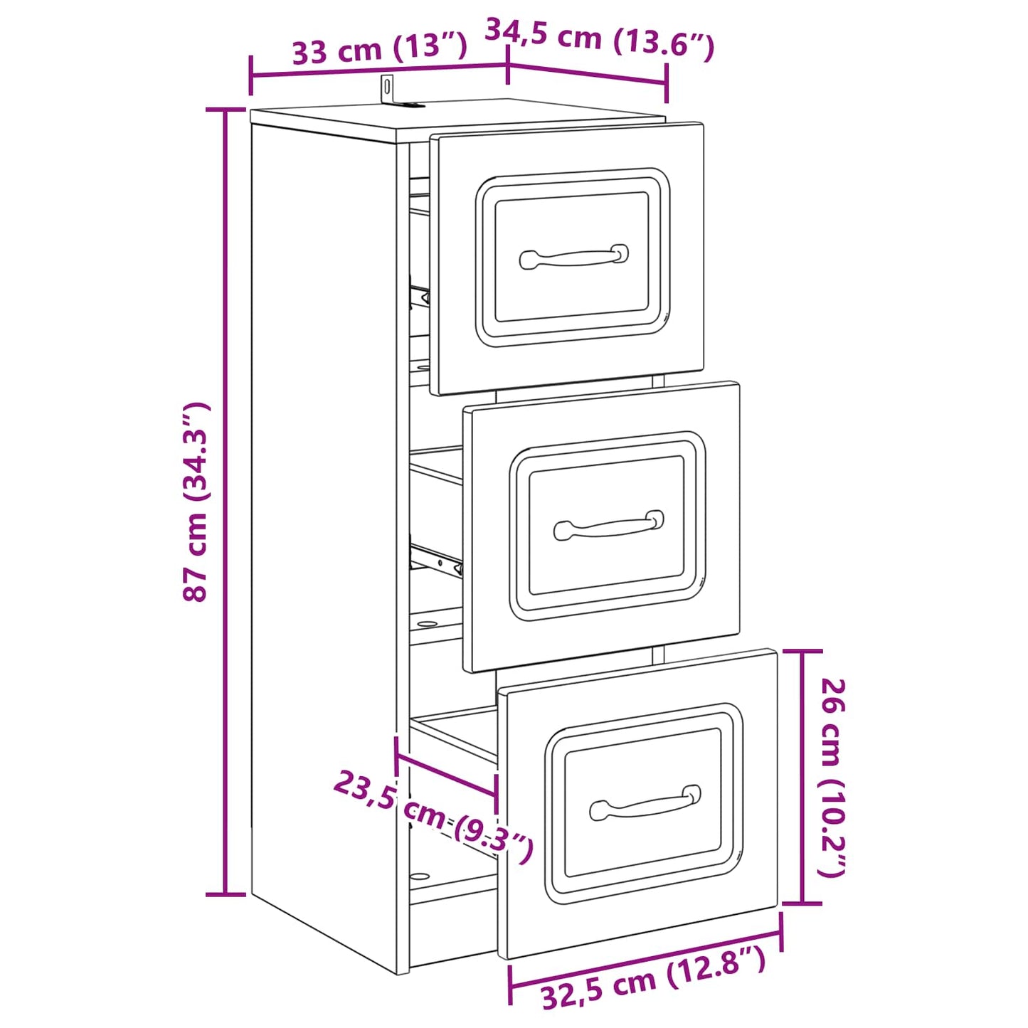 vidaXL Ντουλάπι με Συρτάρια Λευκό 33 x 34,5 x 87 εκ.