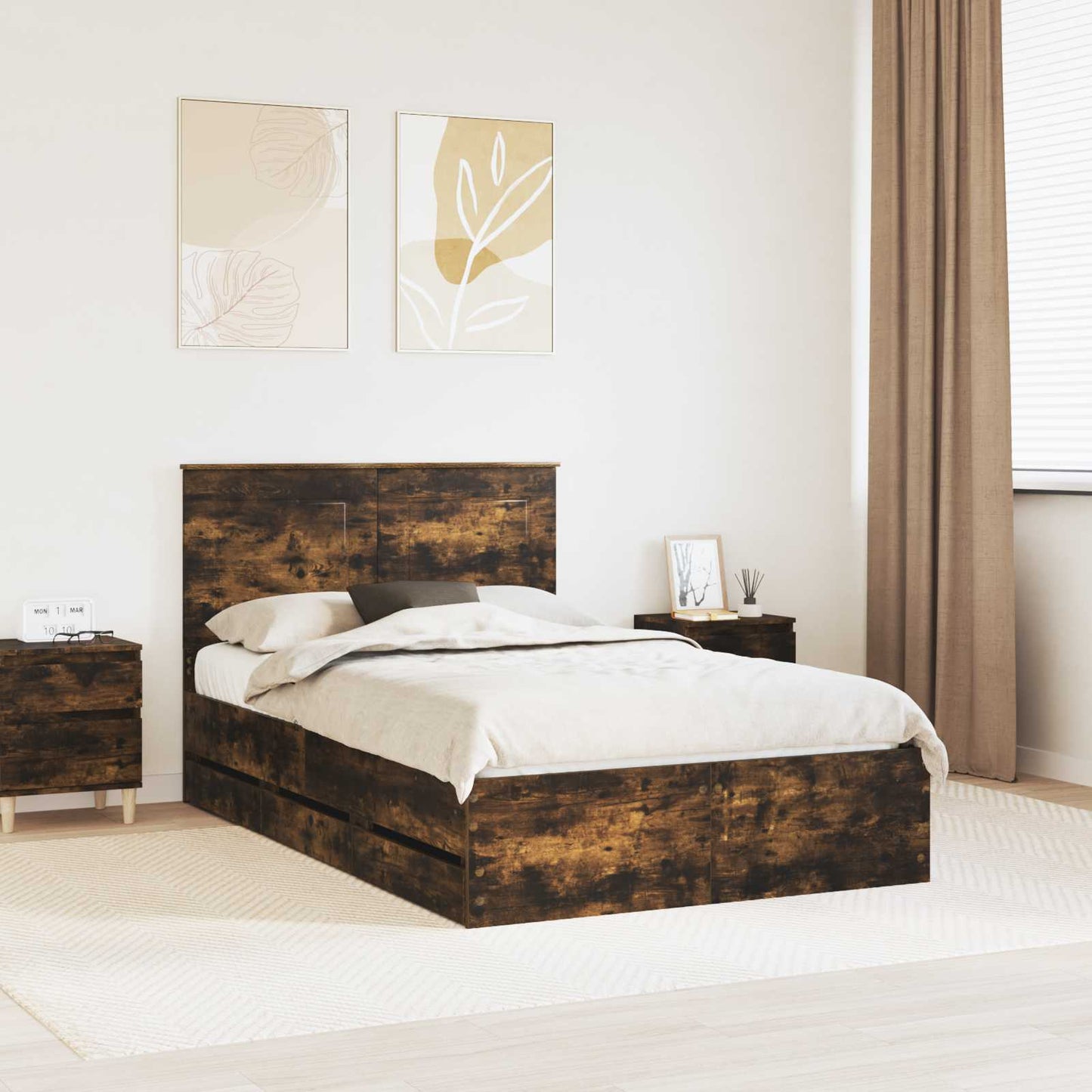 vidaXL Σκελετός Κρεβατιού Καπνιστό Δρύς 135 x 190 cm Μηχανήματος Ξύλο