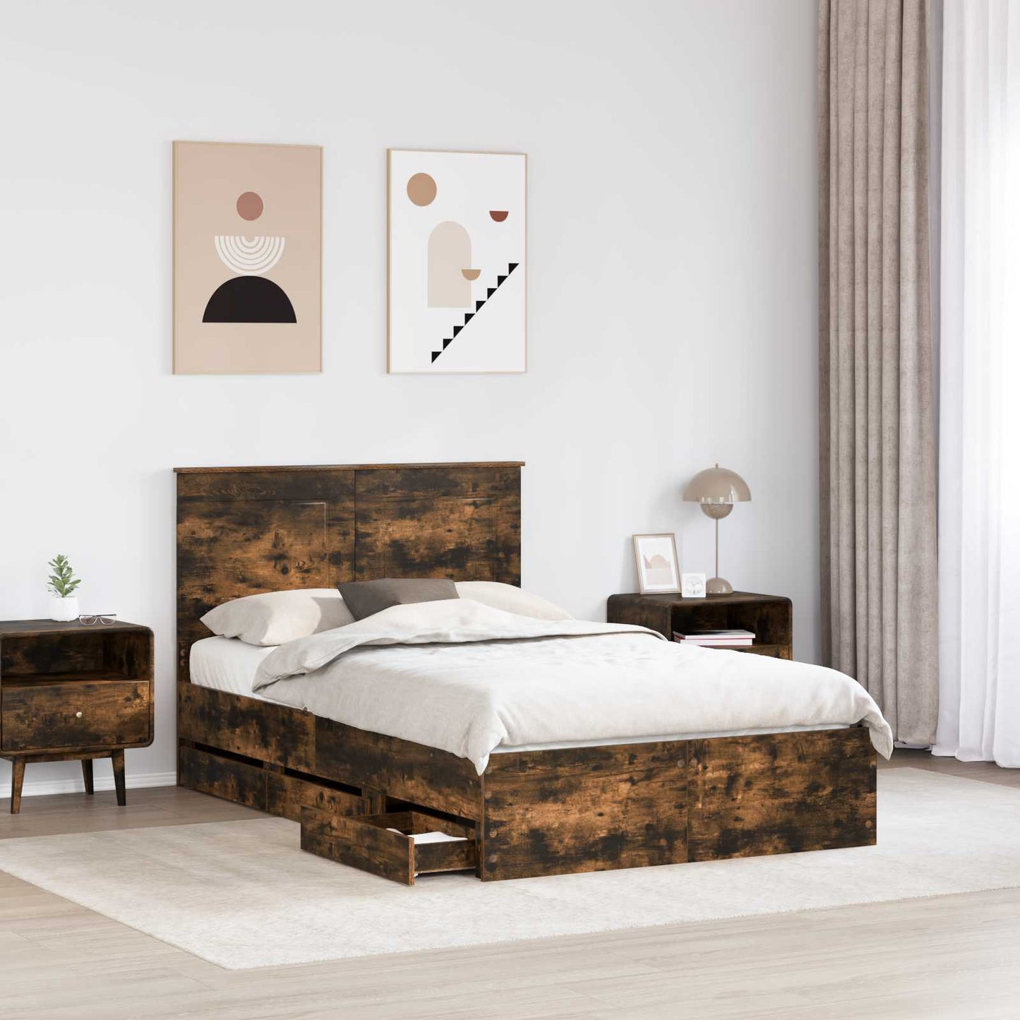 vidaXL Σκελετός Κρεβατιού Καπνιστό Δρύς 135 x 190 cm Μηχανήματος Ξύλο