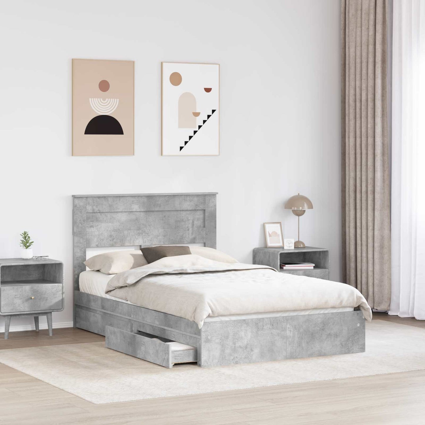 vidaXL Κρεβάτι Αποθήκης Σκυρόδεμα Γκρι 135 x 190 cm Επεξεργασμένο ξύλο