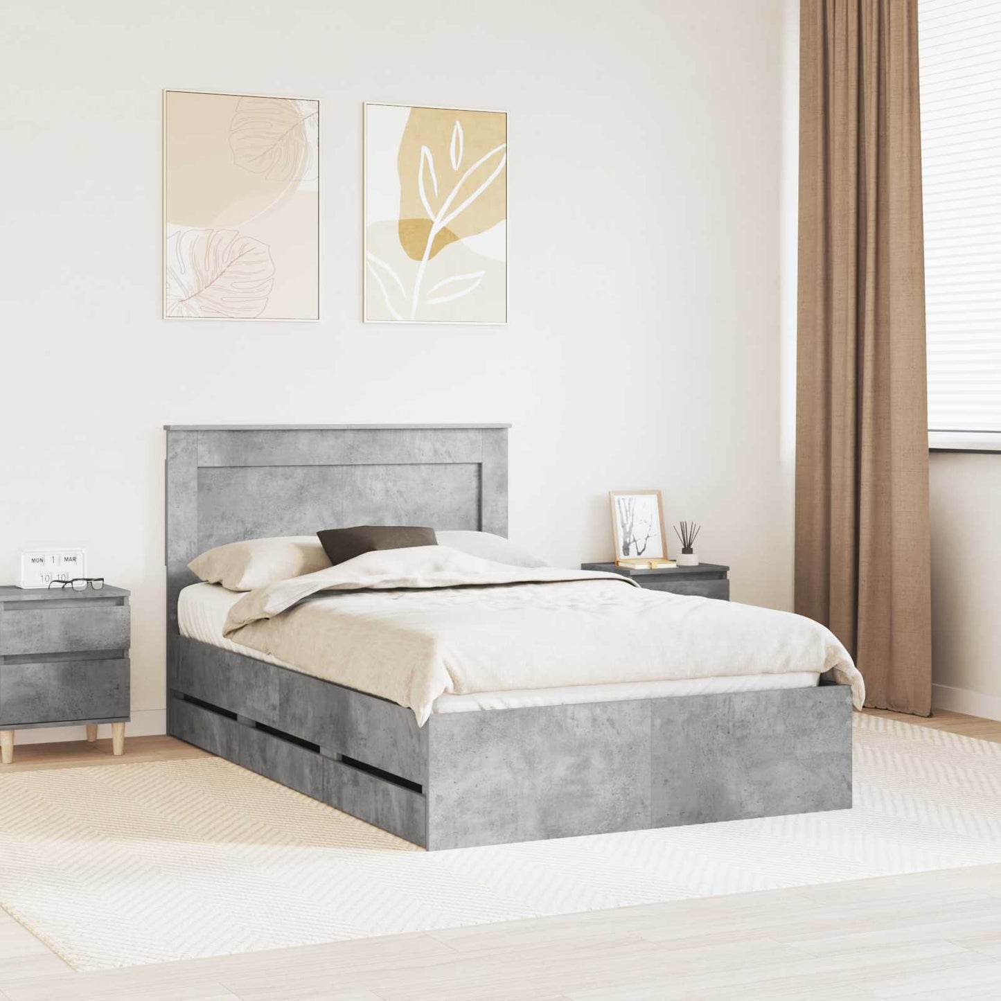 vidaXL Σκελετός Κρεβατιού Σκυρόδεμα Γκρι 135 x 190 cm Μηχανήματος Ξύλο