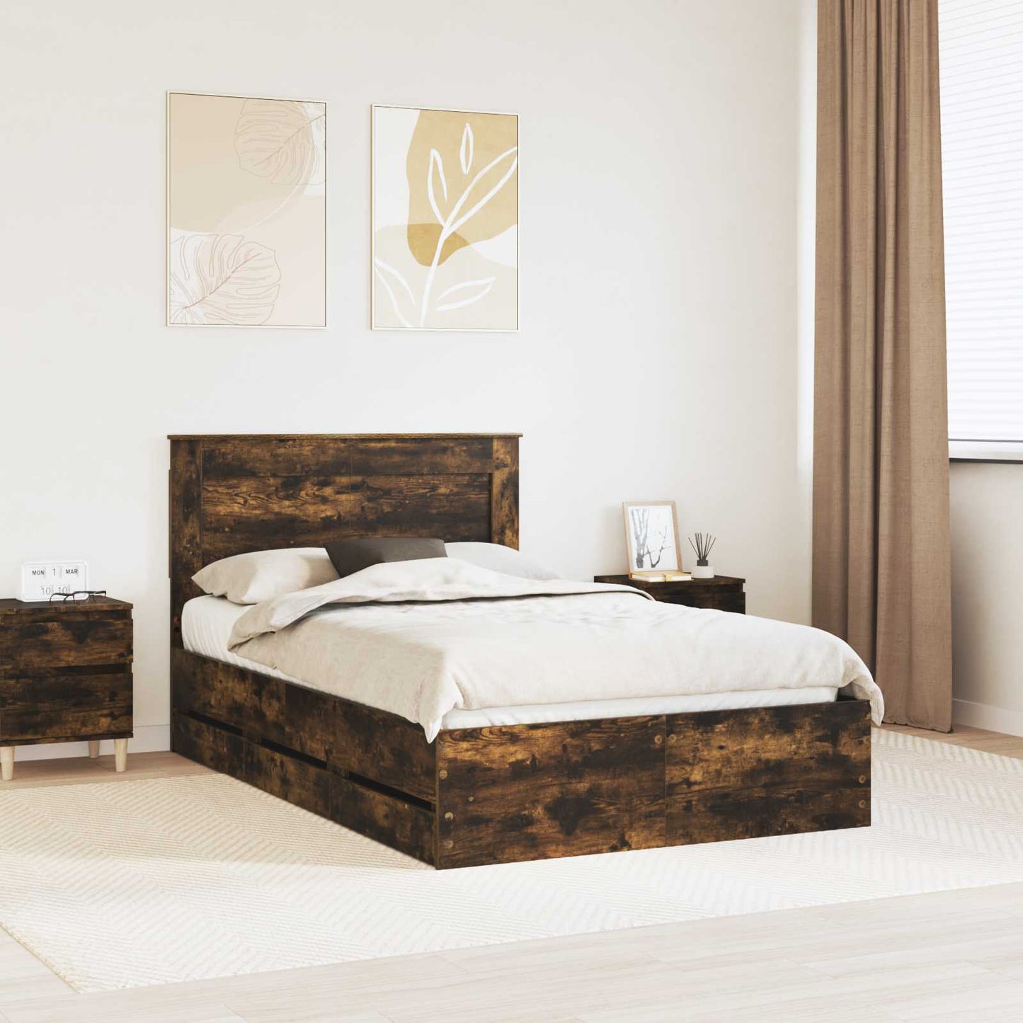 vidaXL Σκελετός Κρεβατιού Καπνιστό Δρύς 135 x 190 cm Μηχανήματος Ξύλο
