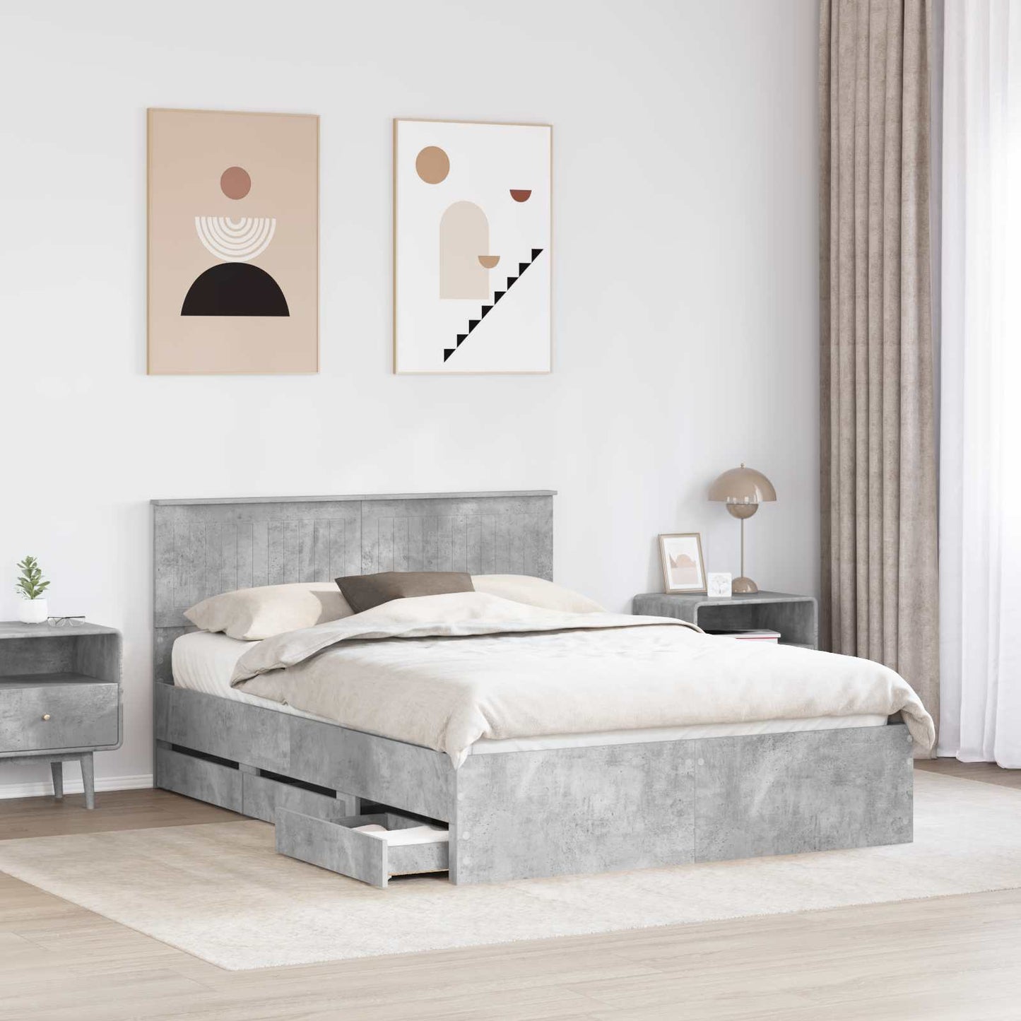 vidaXL Σκελετός Κρεβατιού Σκυρόδεμα Γκρι 135 x 190 cm Μηχανήματος Ξύλο