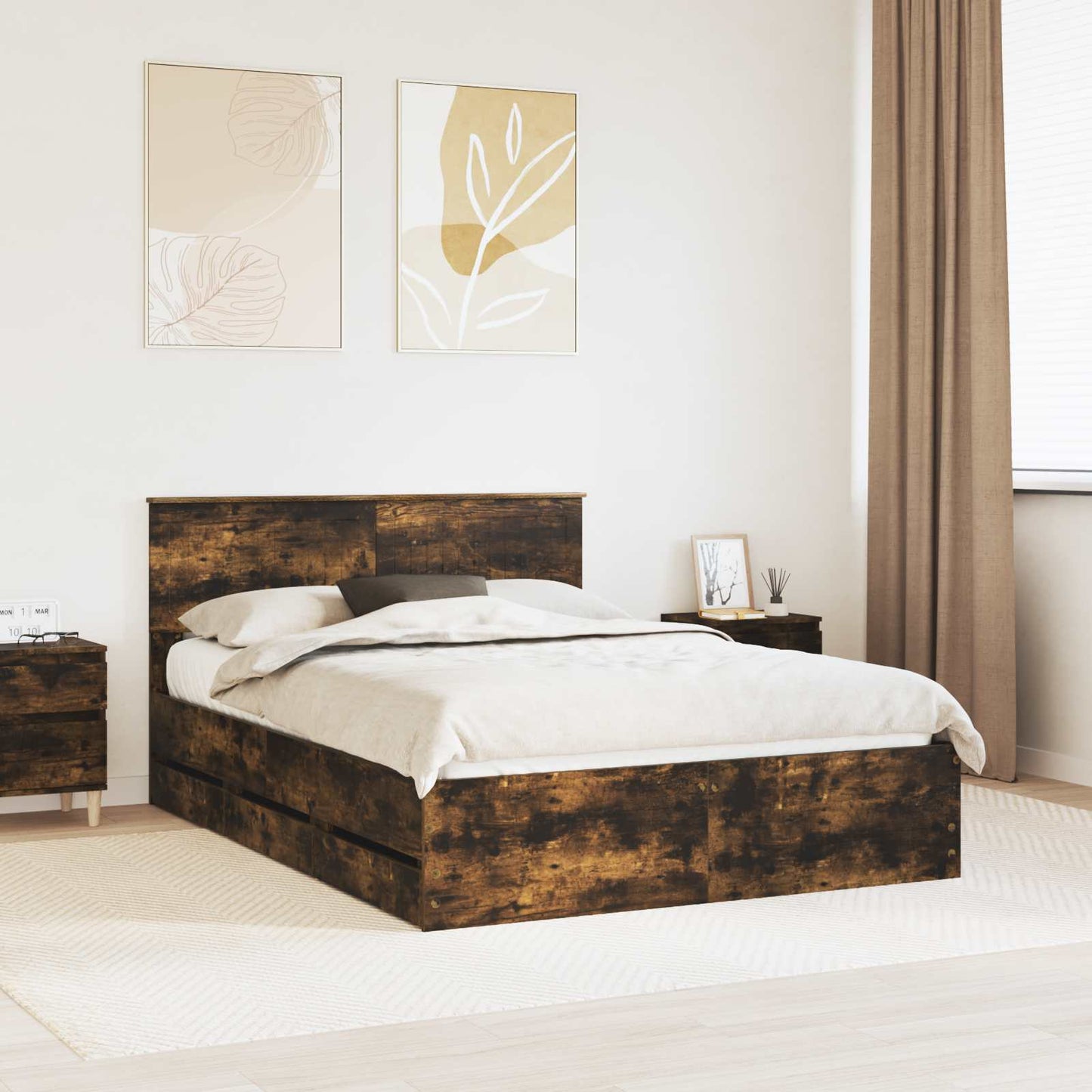 vidaXL Σκελετός Κρεβατιού Καπνιστό Δρύς 135 x 190 cm Μηχανήματος Ξύλο
