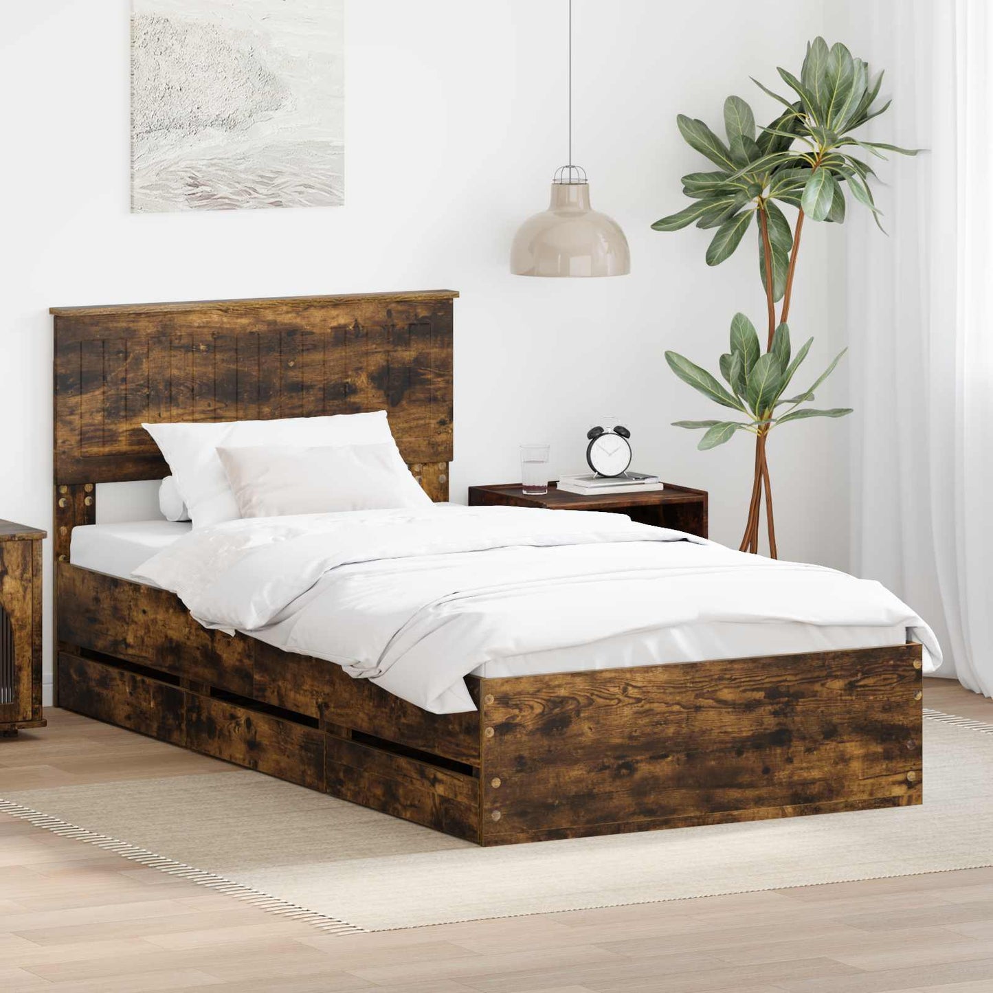 vidaXL Σκελετός Κρεβατιού Καπνιστό Δρύς 100 x 200 cm Μηχανήματος Ξύλο