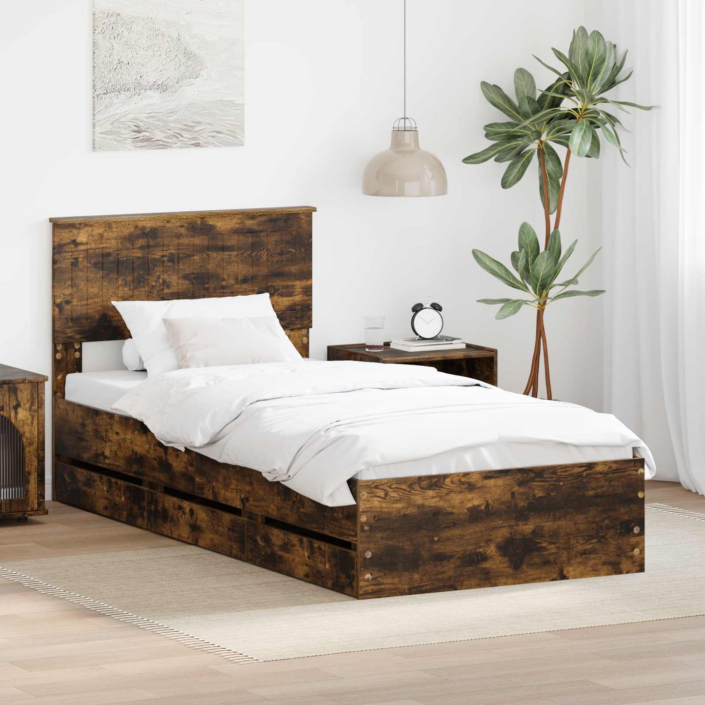 vidaXL Σκελετός Κρεβατιού Καπνιστό Δρύς 90 x 200 cm Μηχανήματος Ξύλο