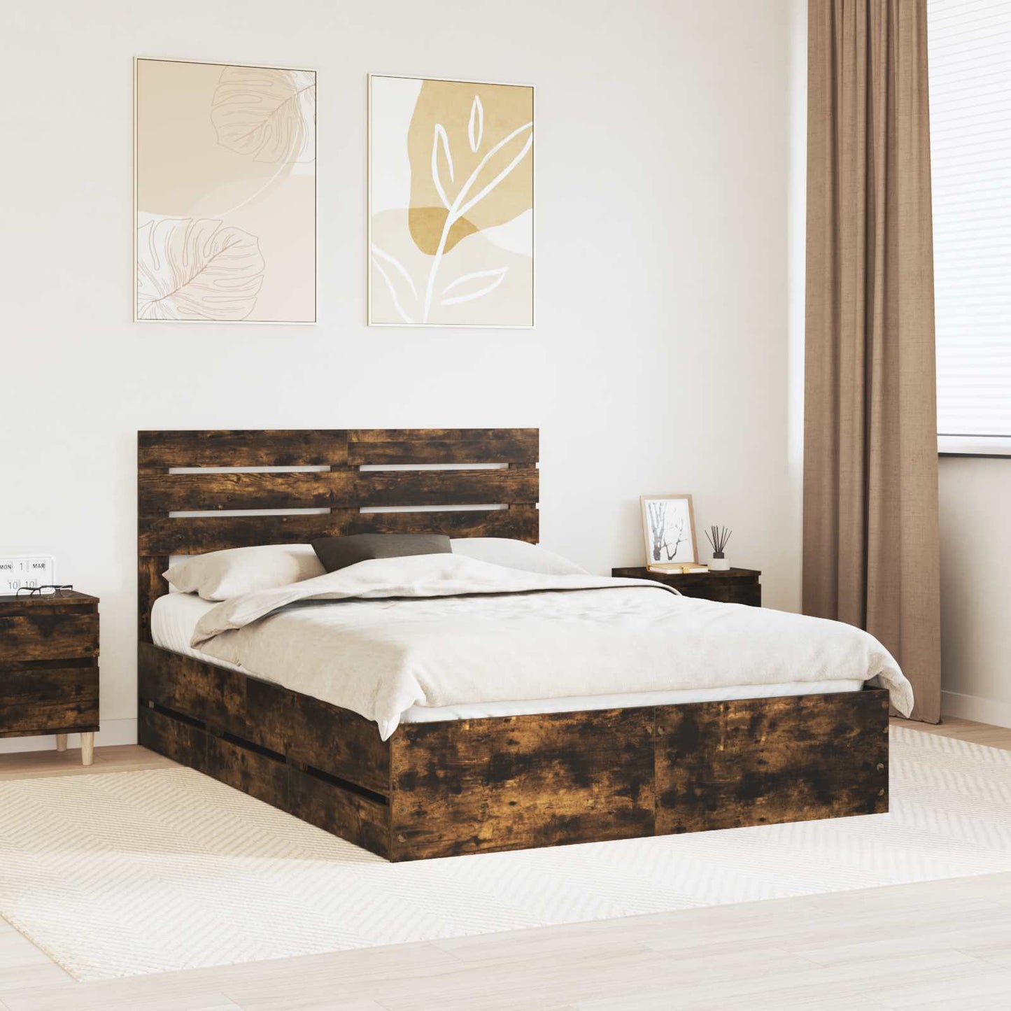 vidaXL Σκελετός Κρεβατιού Καπνιστό Δρύς 150 x 200 cm Μηχανήματος Ξύλο