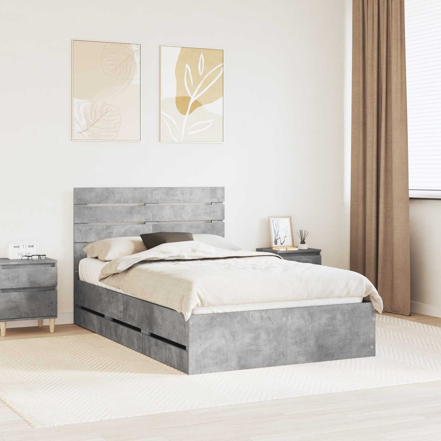 vidaXL Σκελετός Κρεβατιού Σκυρόδεμα Γκρι 135 x 190 cm Μηχανήματος Ξύλο
