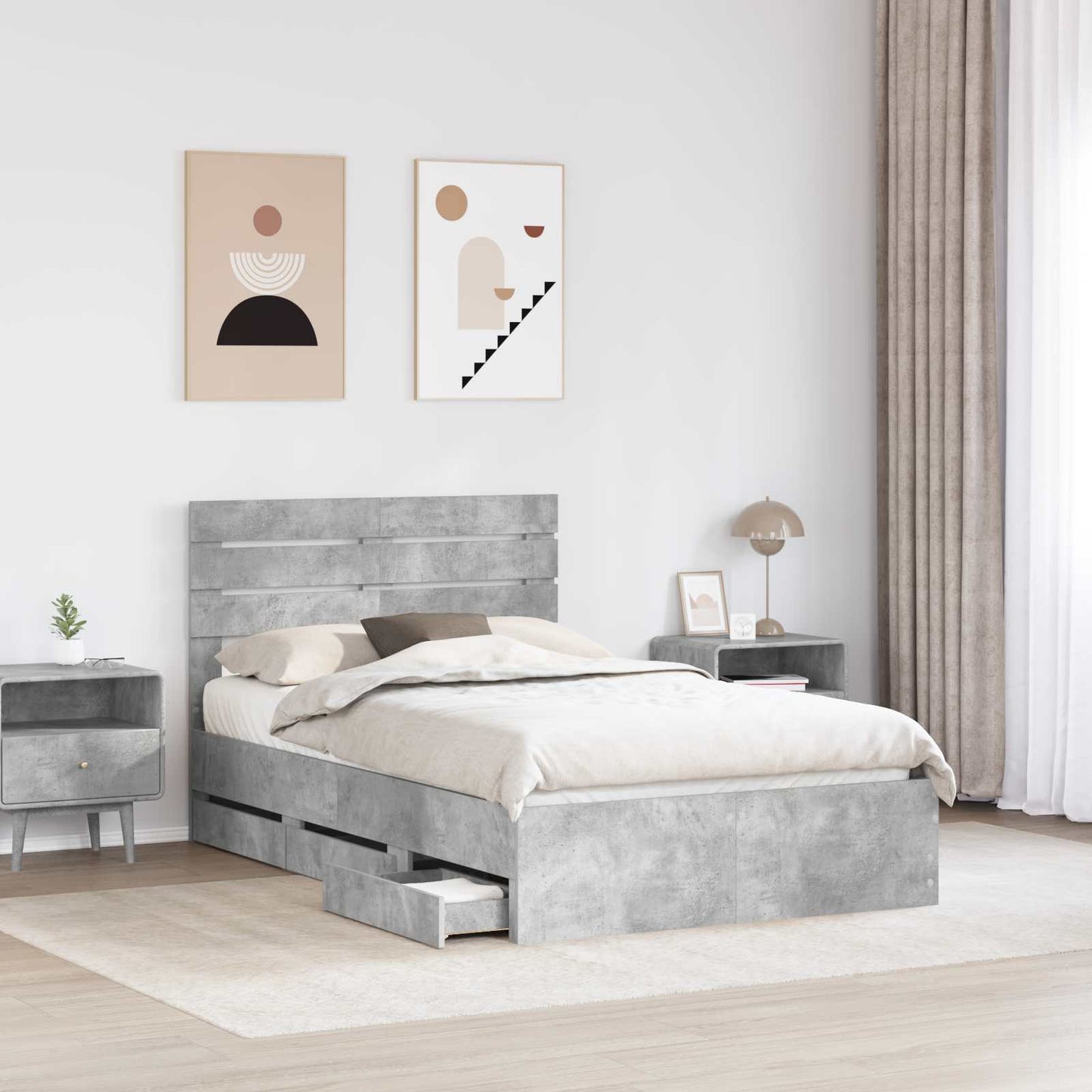 vidaXL Σκελετός Κρεβατιού Σκυρόδεμα Γκρι 135 x 190 cm Μηχανήματος Ξύλο