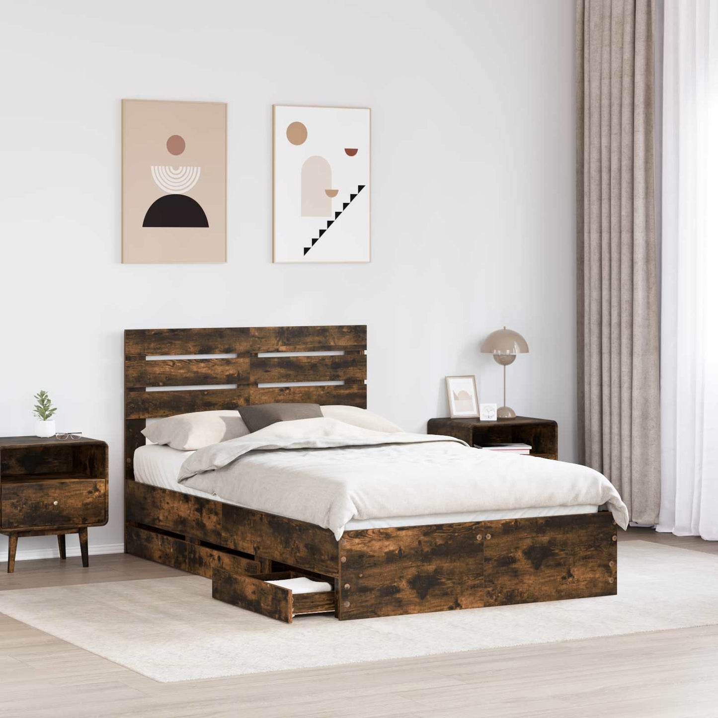 vidaXL Σκελετός Κρεβατιού Καπνιστό Δρύς 135 x 190 cm Μηχανήματος Ξύλο