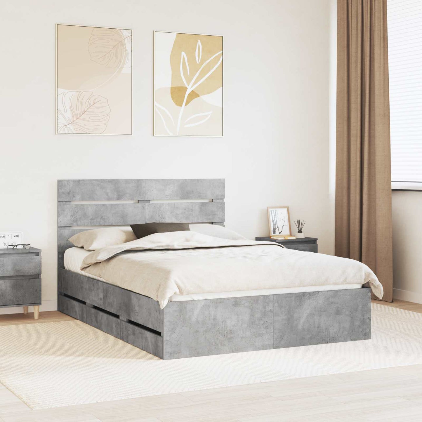 vidaXL Σκελετός Κρεβατιού Σκυρόδεμα Γκρι 140 x 190 cm Μηχανήματος Ξύλο