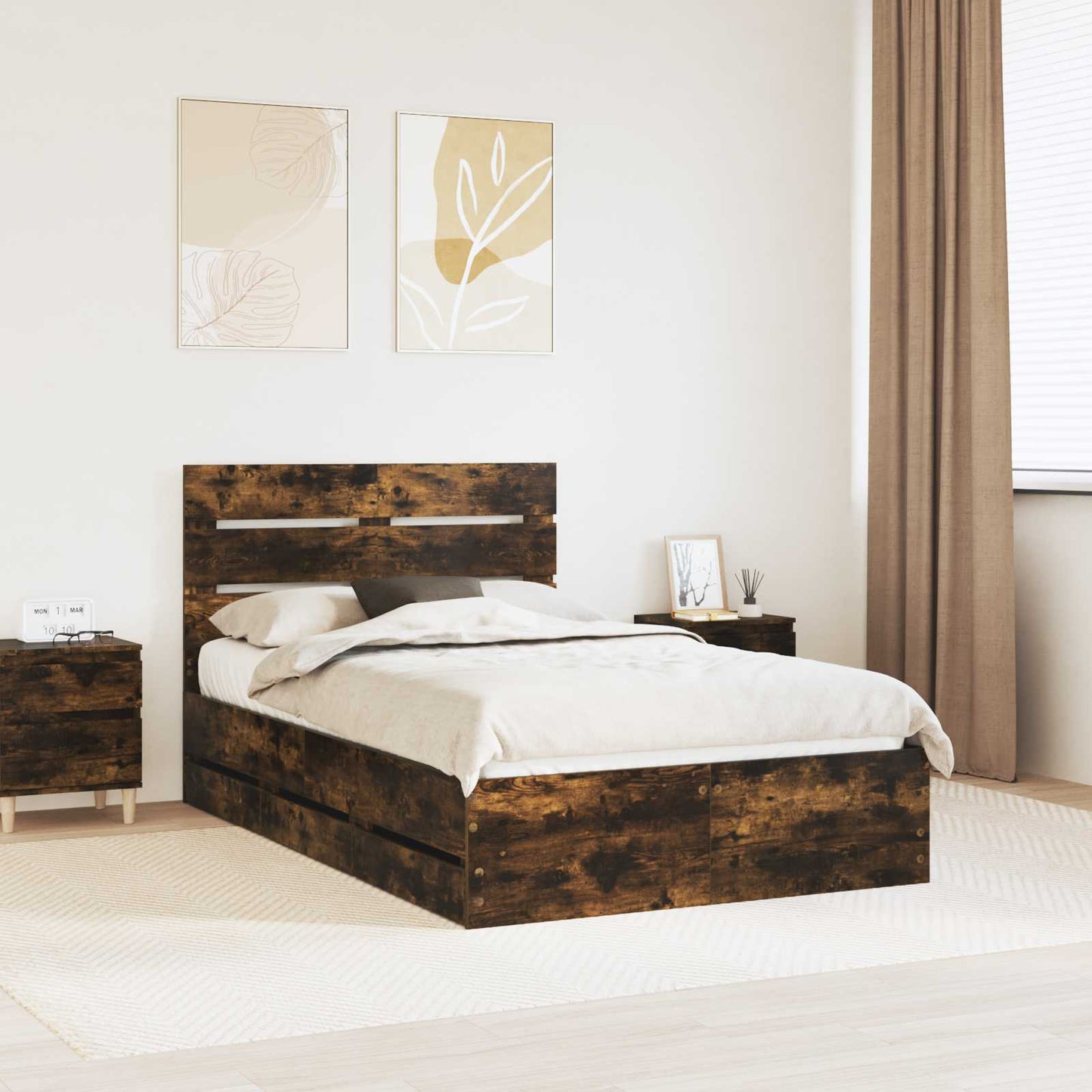 vidaXL Σκελετός Κρεβατιού Καπνιστό Δρύς 135 x 190 cm Μηχανήματος Ξύλο