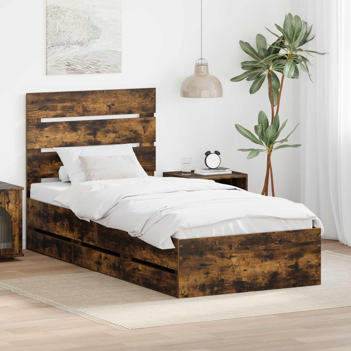 vidaXL Σκελετός Κρεβατιού Καπνιστό Δρύς 75 x 190 cm Μηχανήματος Ξύλο