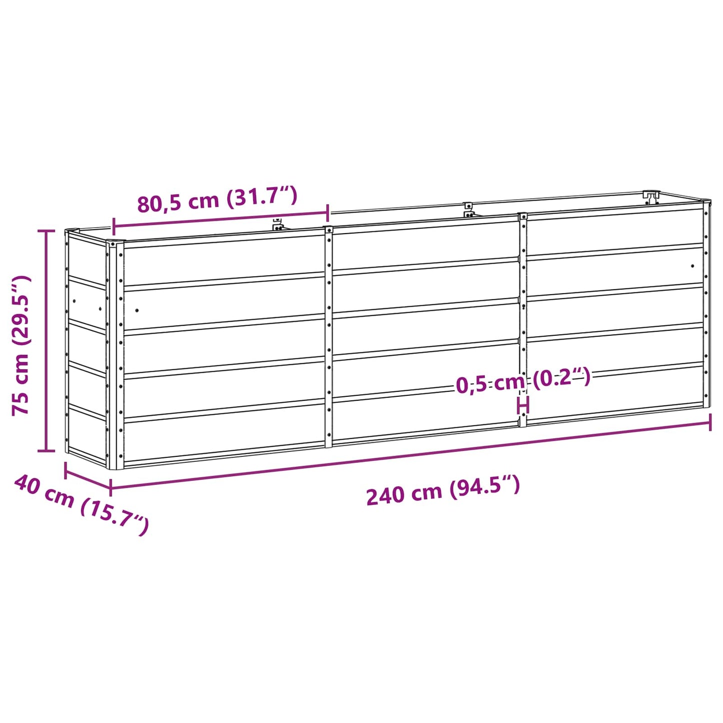 vidaXL Γλάστρα Ανθρακί 240 x 40 x 75 εκ. Ατσάλι
