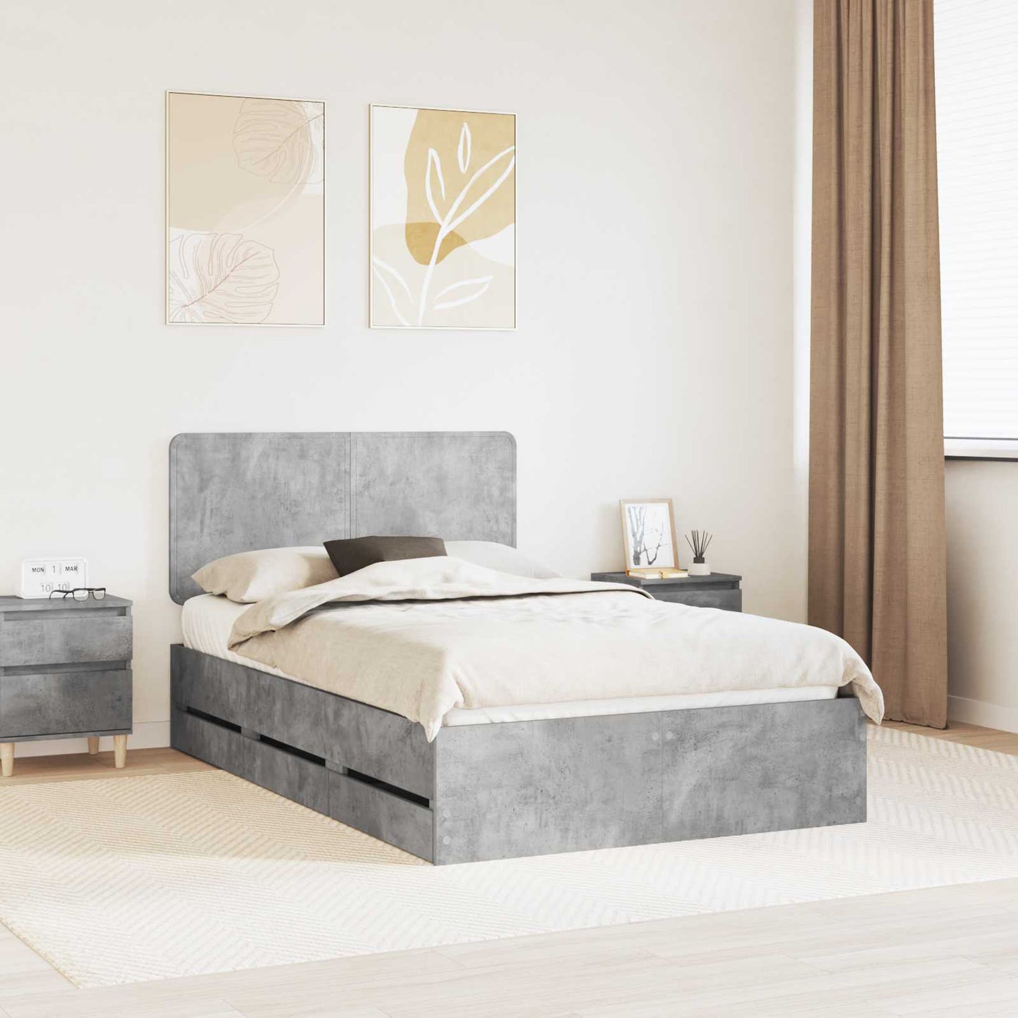 vidaXL Σκελετός Κρεβατιού Σκυρόδεμα Γκρι 135 x 190 cm Μηχανήματος Ξύλο