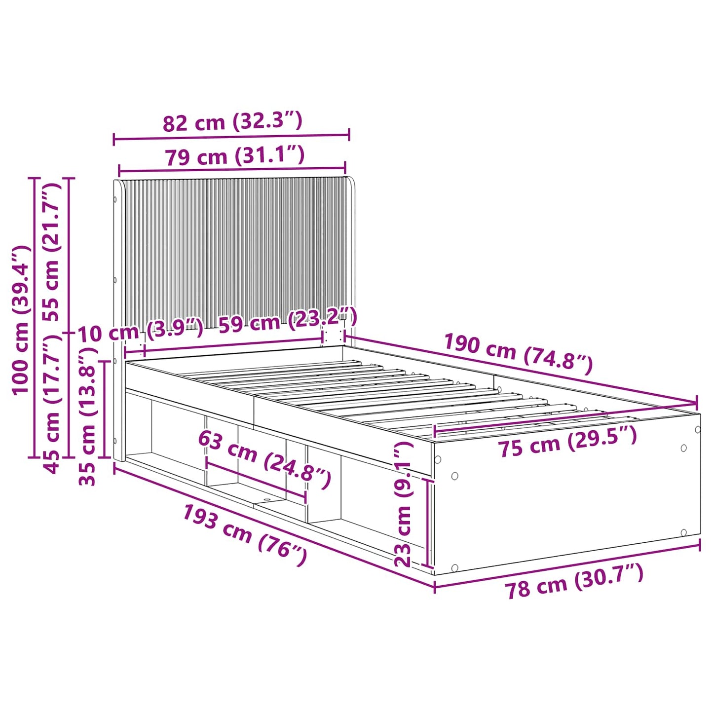 vidaXL Καλάθι με αποθήκη και κεφαλάρι Γκρι Sonoma 75 x 190 cm