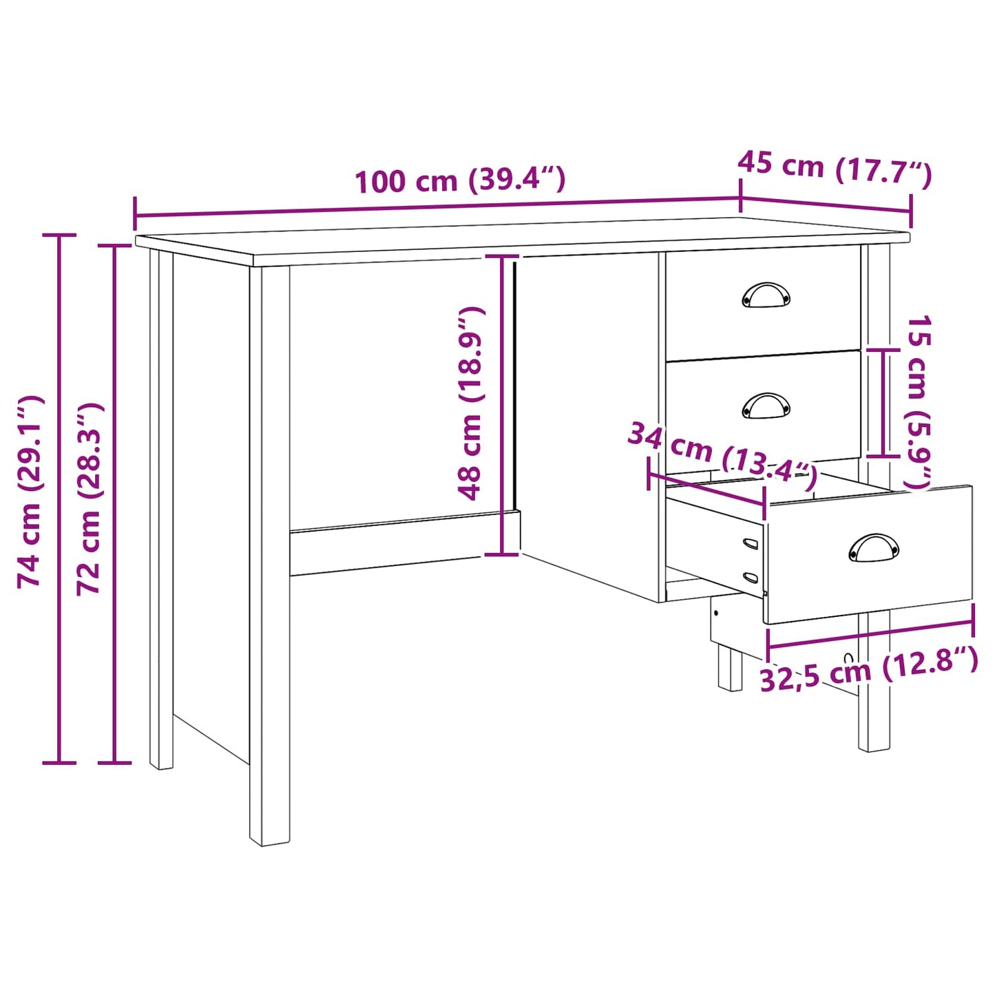 vidaXL Γραφείο με Συρτάρια HILL Μέλι Καφέ 100 x 45 x 74 εκ