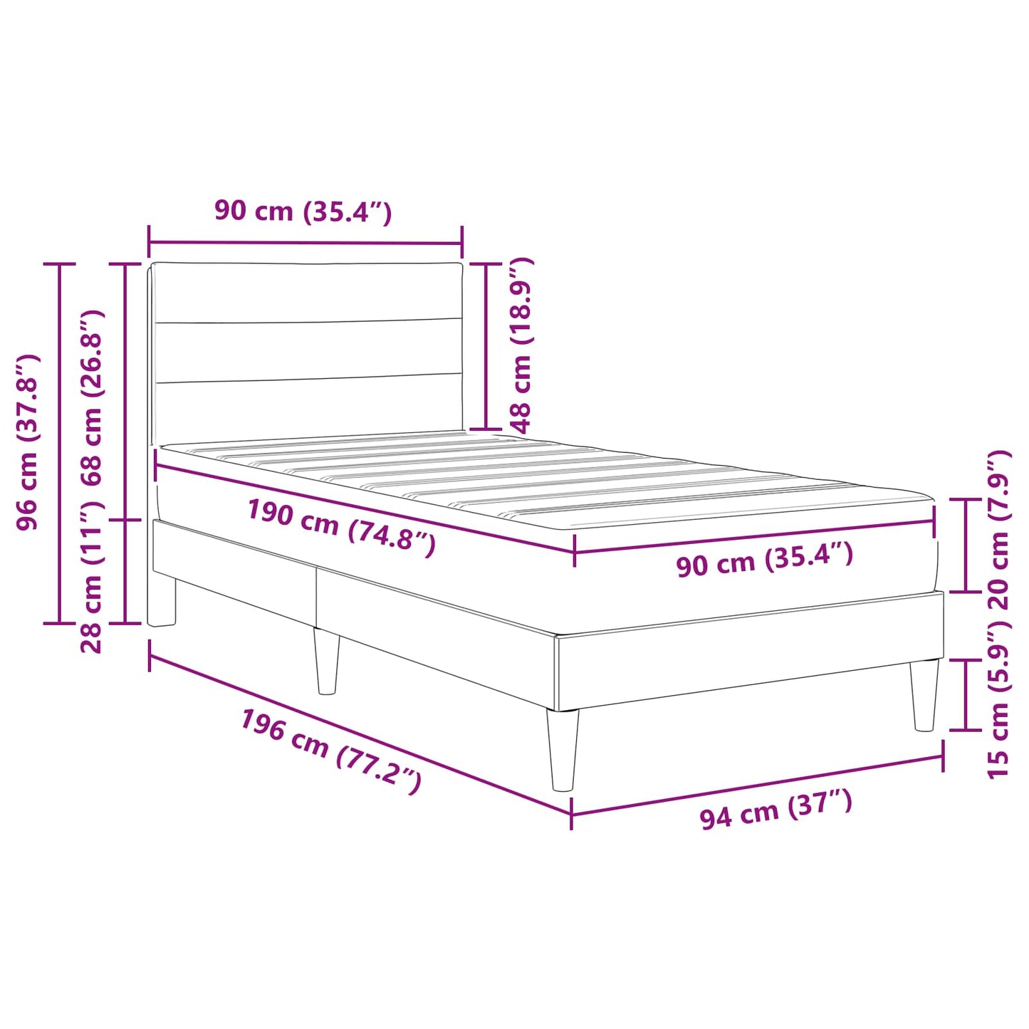 vidaXL Σκελετός κρεβατιού με στρώμα Μαύρο 90 x 190 cm ύφασμα
