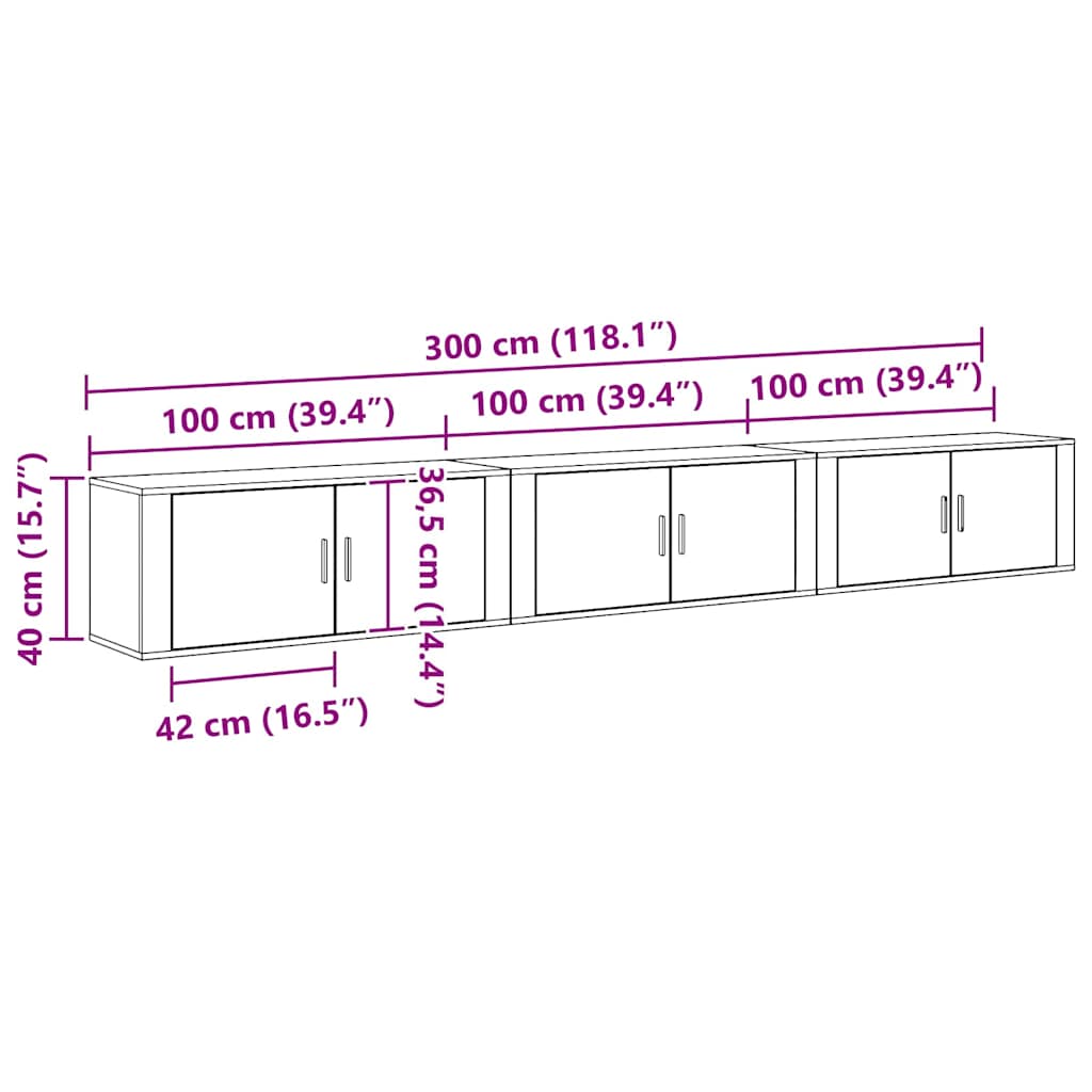 vidaXL Σετ Βαθμιδωτών Ντουλαπιών Τηλεόρασης Επιτοίχιο 3 pcs Μαύρη Οξυά