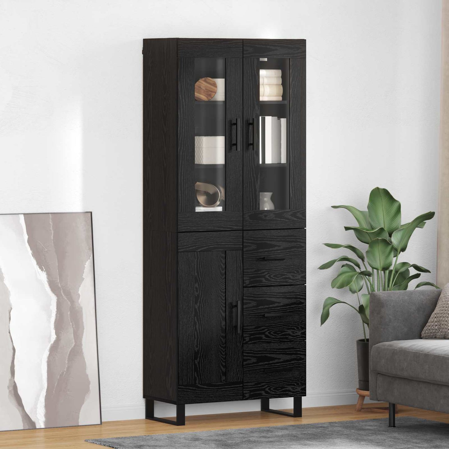 vidaXL Highboard με συρτάρι 2 pcs Μαύρη Οξυά Σύνθετο Ξύλο και Γυαλί