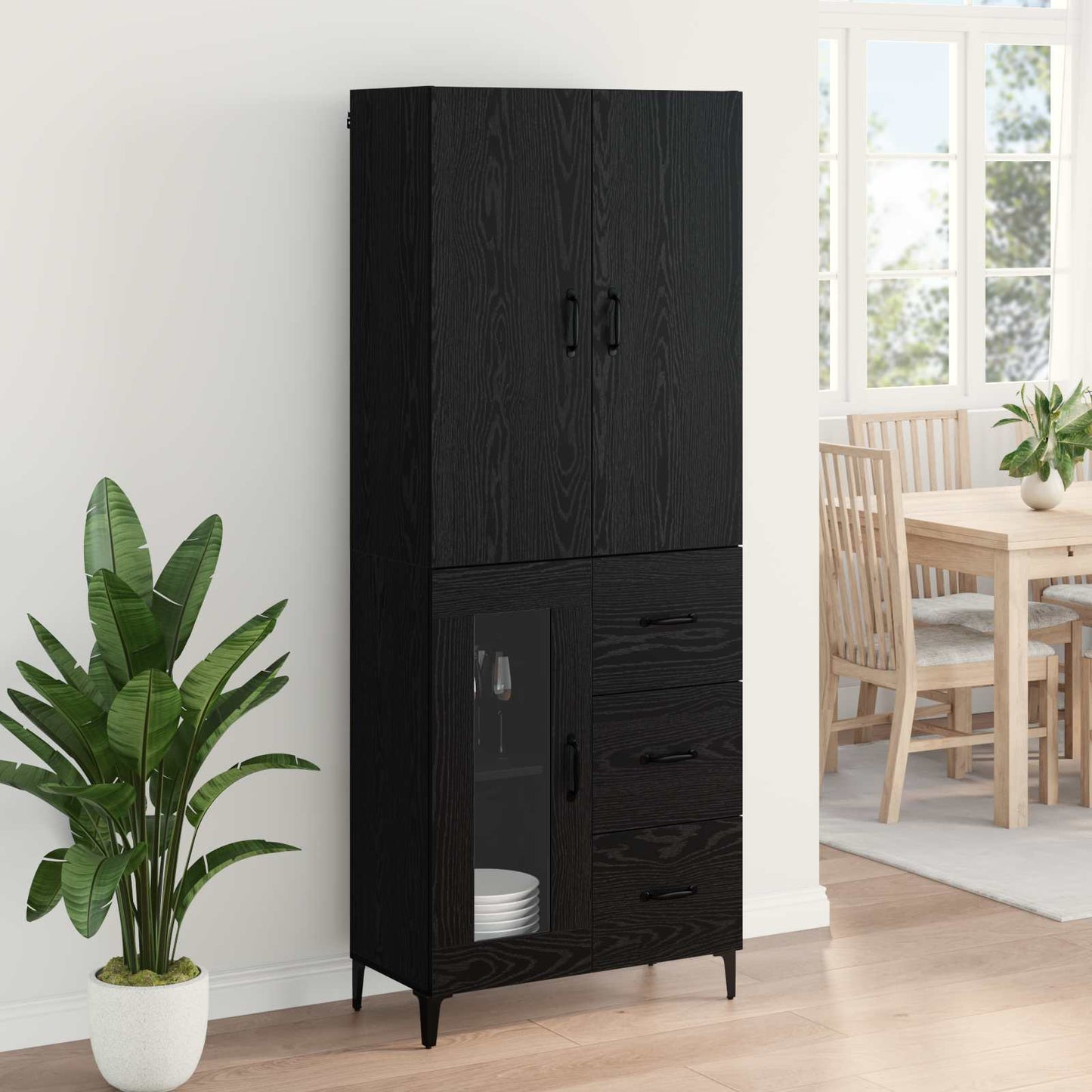 Highboard Επιτοίχιο Μαύρη Οξυά 69,5 x 34 x 180 εκ. Επεξεργασμένο ξύλο