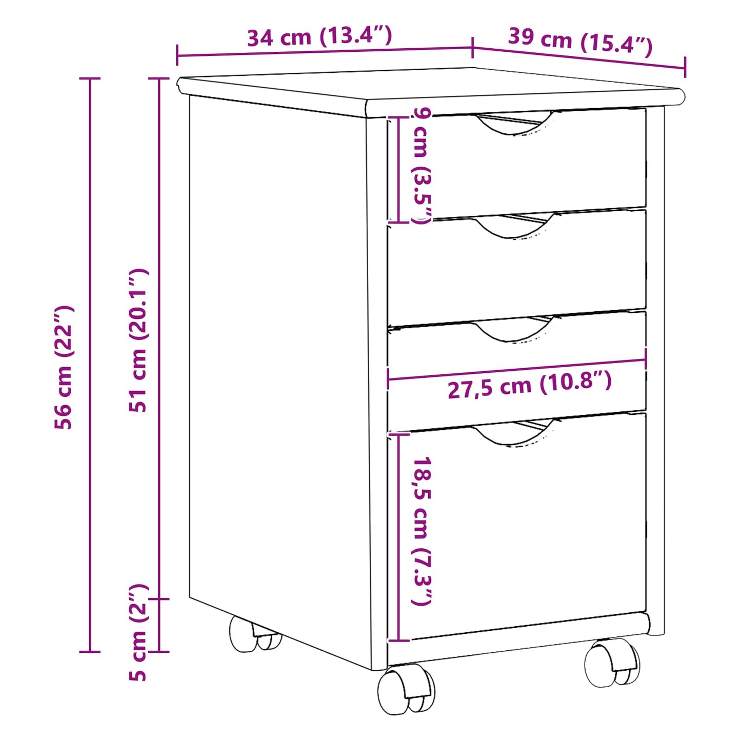 vidaXL Κινητό Ντουλάπι με τροχούς Λευκός 34 x 39 x 56 εκ Στερεό πεύκο