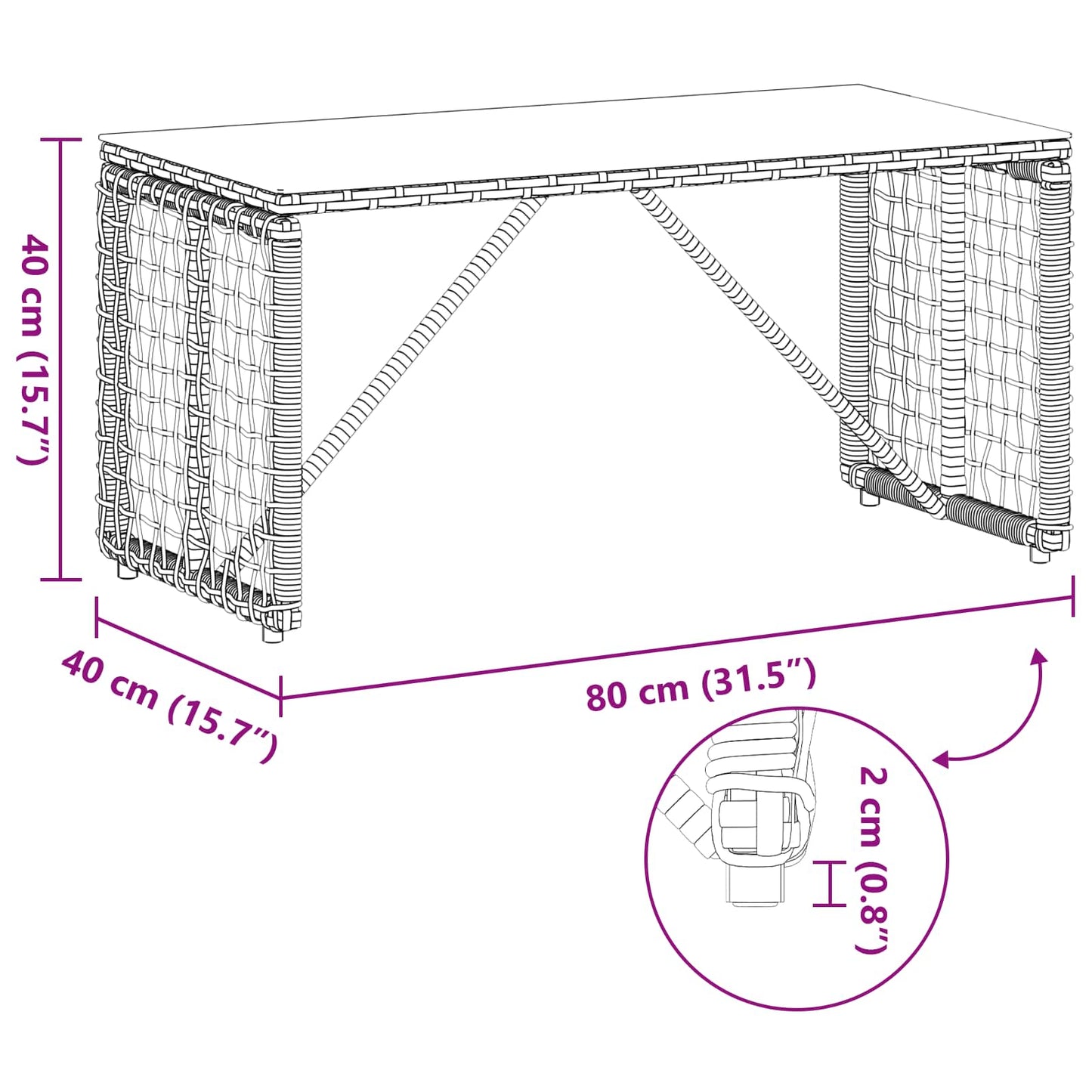 vidaXL Εξωτερικό Τραπέζι Μαύρο 80 x 40 x 40 cm PE Rattan και Γυαλί