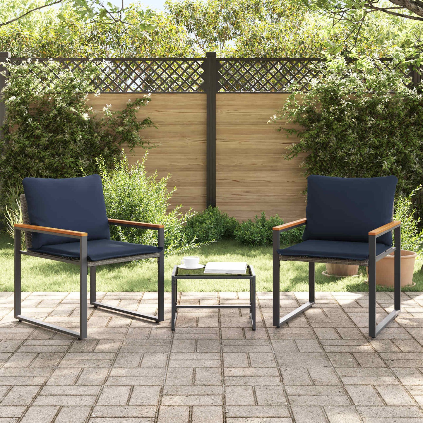 vidaXL Σύνολα επίπλων με μαξιλάρι 3 pcs Γκρι και Navy Blue Ρατάν