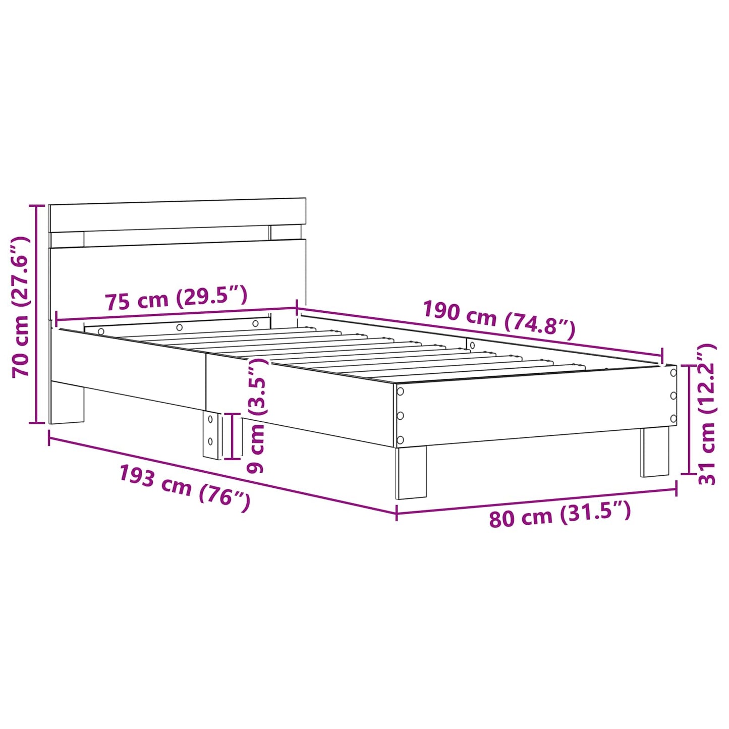 vidaXL Σκελετός Κρεβατιού Παλιό ξύλο 75 x 190 cm Επεξεργασμένο ξύλο