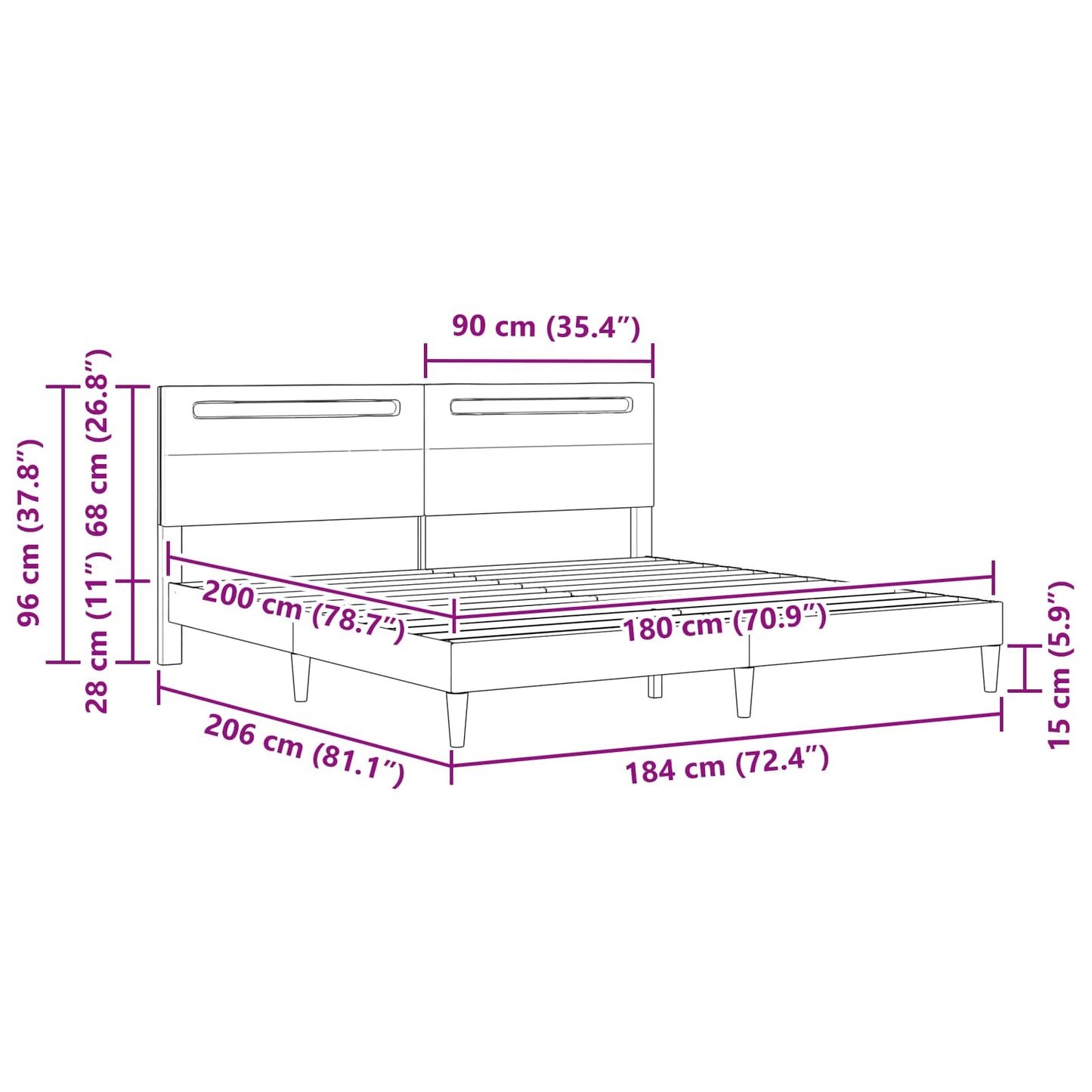vidaXL Σκελετός Κρεβατιού με κεφαλάρι Μαύρο 180 x 200 cm Τεχνητό Δέρμα