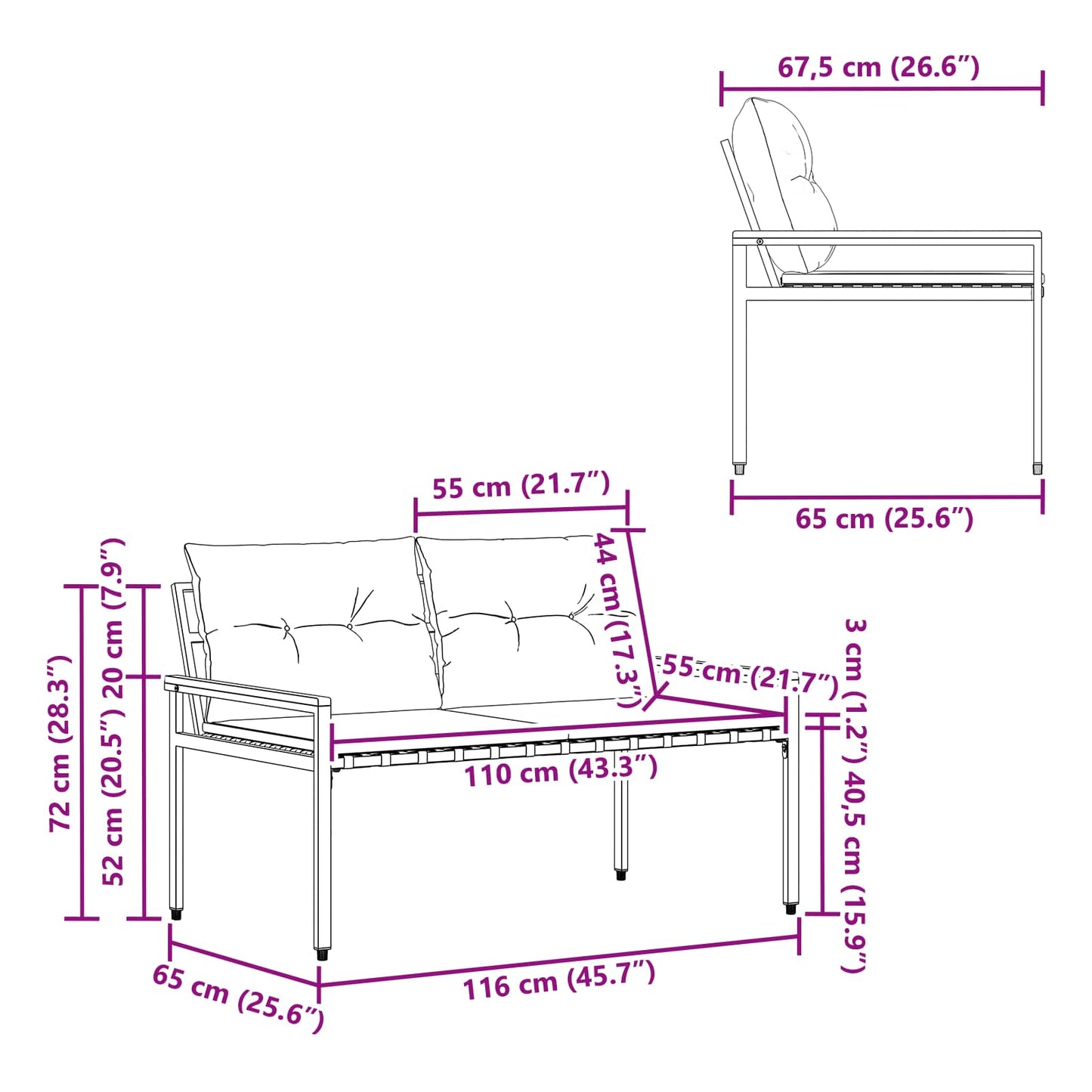 vidaXL Εξωτερικός πάγκος 2 -Seater 116 x 67,5 x 72 εκ συνθετικό ρατάν