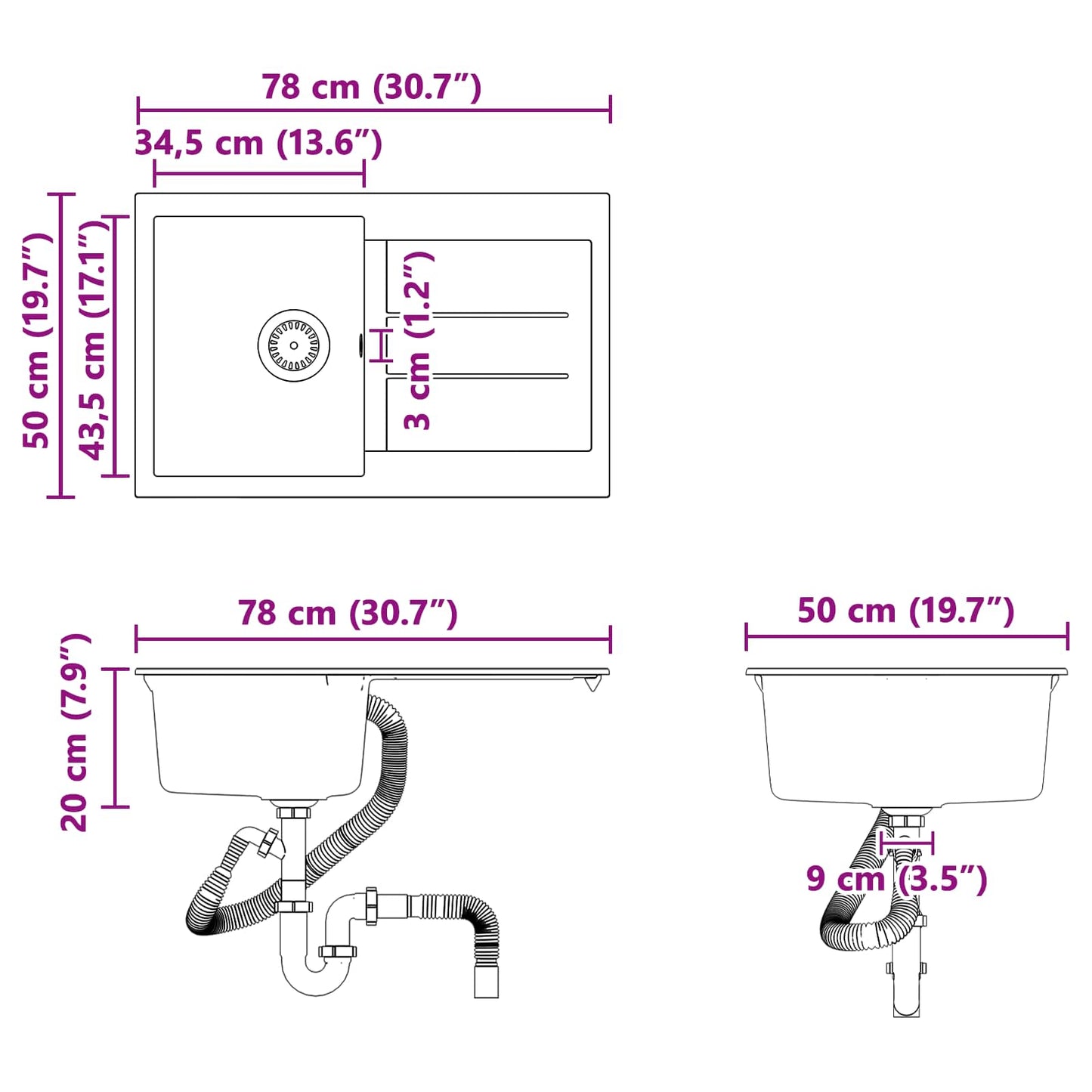 vidaXL Σιντρινο Γκρι 780 x 500 mm 80% Χαλαζίας και 20% Ρητίνη