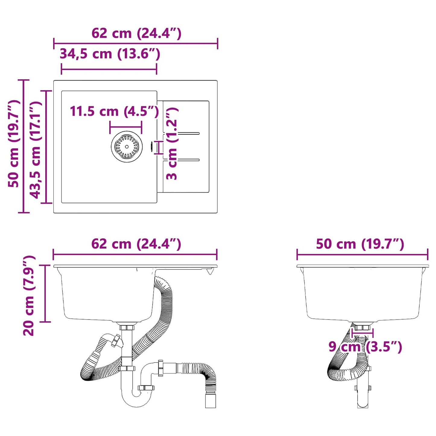 vidaXL Σιντρινο Λευκό 620 x 500 mm 80% Χαλαζίας και 20% Ρητίνη