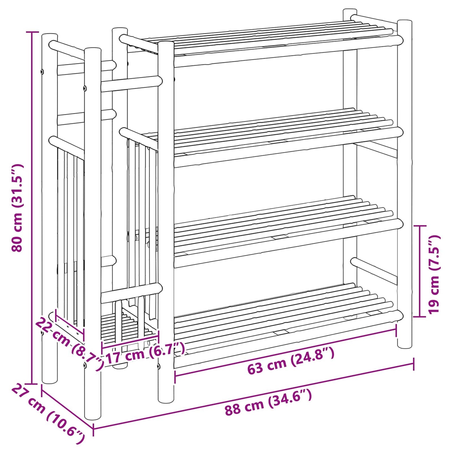 vidaXL Ράφι Παπουτσιών με ράφι Φυσικό 88 x 27 x 80 εκ. Μπαμπού