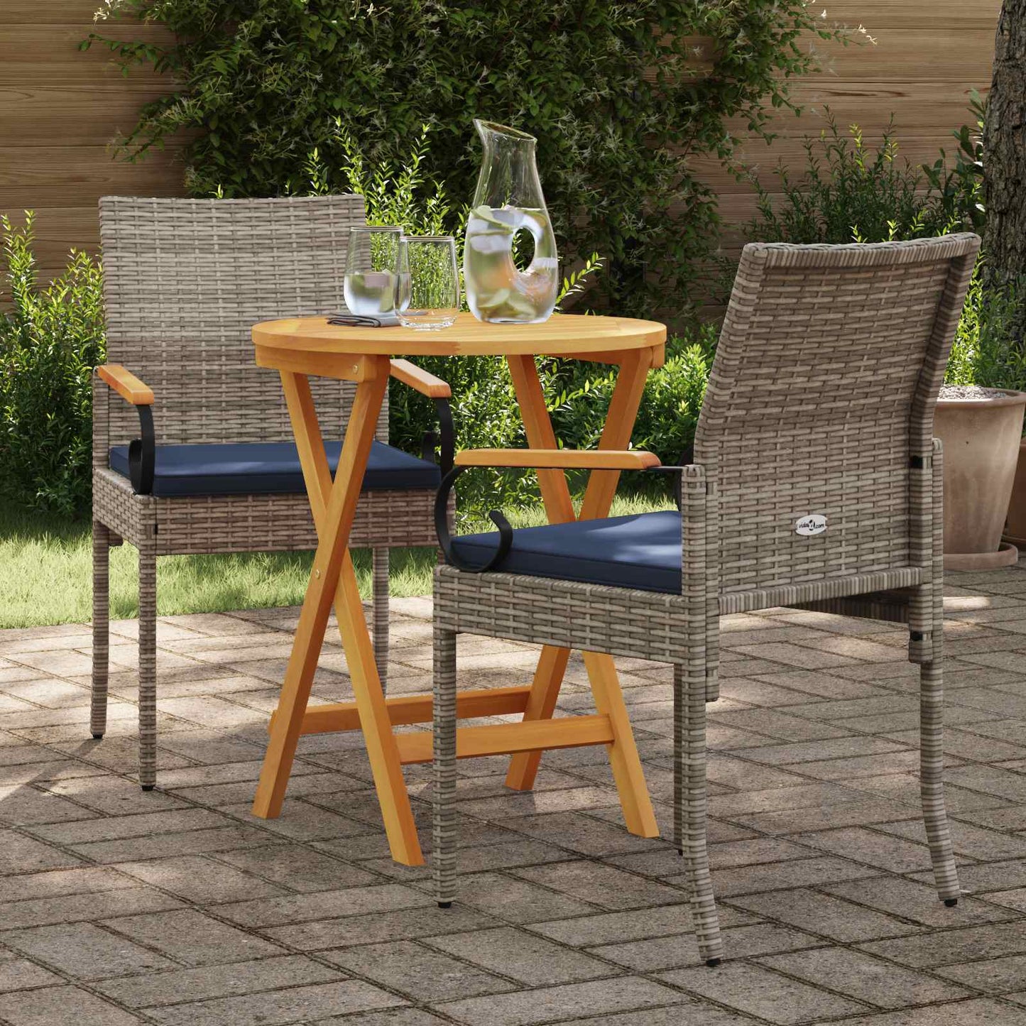vidaXL Καρέκλες Κήπου 2 pcs Γκρι και Navy Blue Πολυ Ράτταν και Ακακία