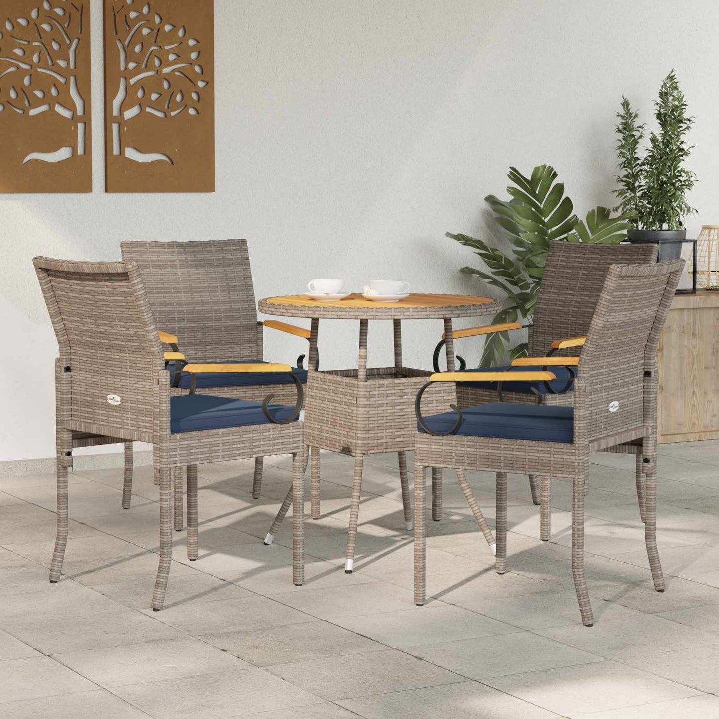 vidaXL Καρέκλες Κήπου 4 pcs Γκρι και Navy Blue Πολυ Ράτταν και Ακακία