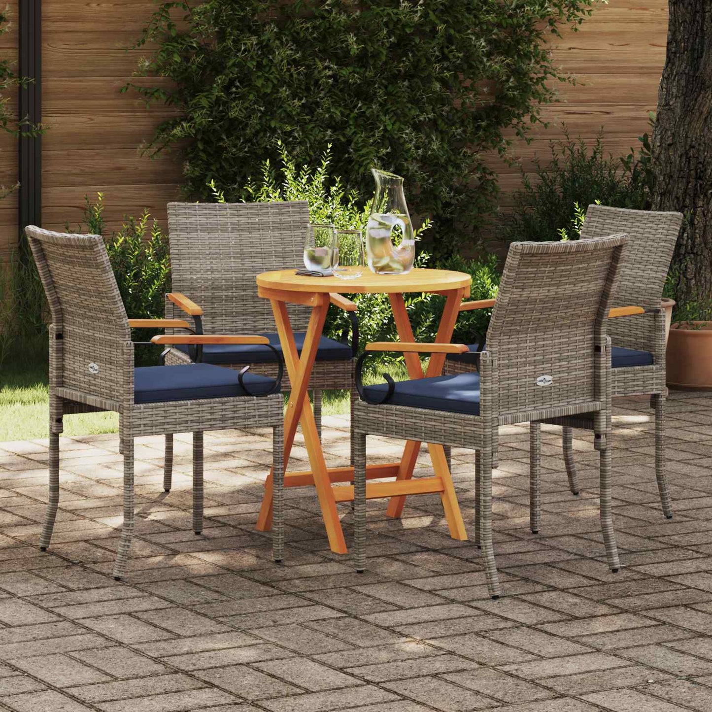 vidaXL Καρέκλες Κήπου 4 pcs Γκρι και Navy Blue Πολυ Ράτταν και Ακακία