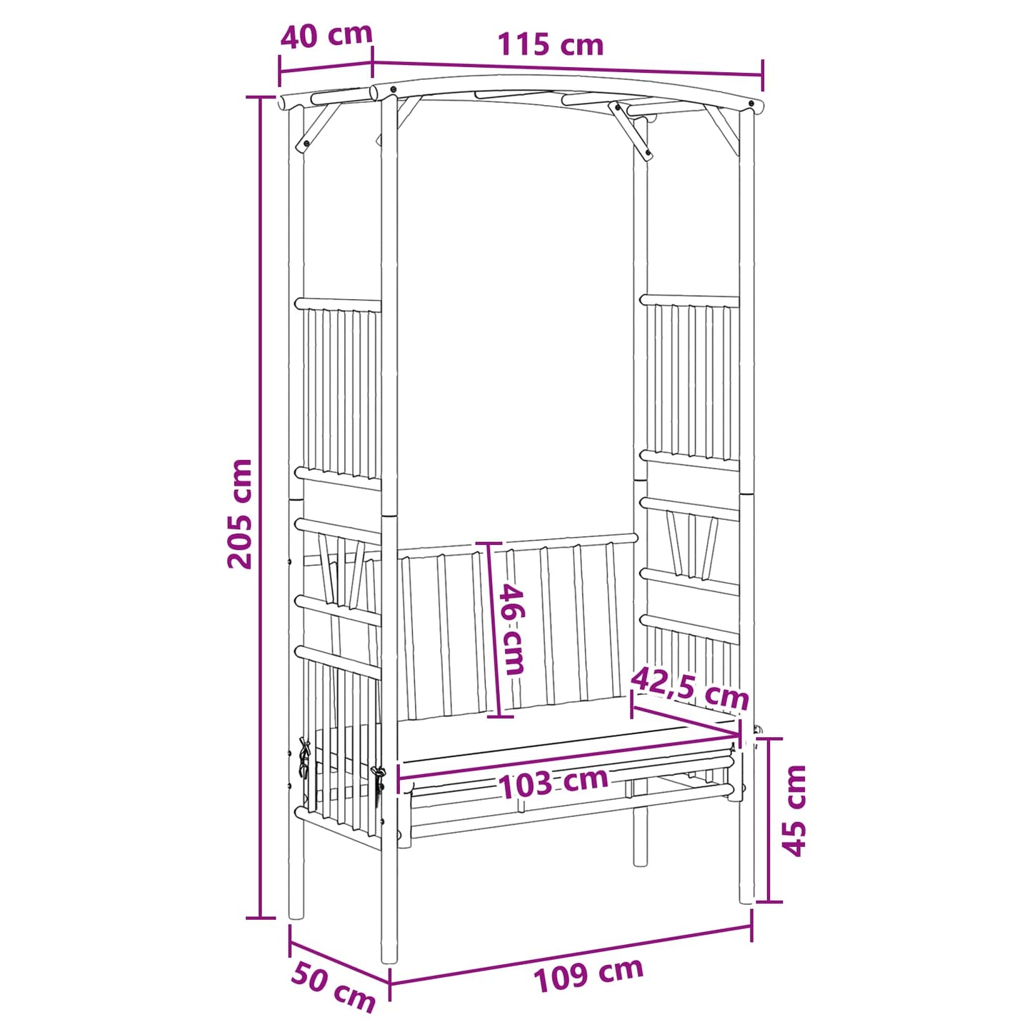 vidaXL Κήπος Καμάρα με Παγκάκι Φυσικό 115 x 50 x 205 εκ. Μπαμπού
