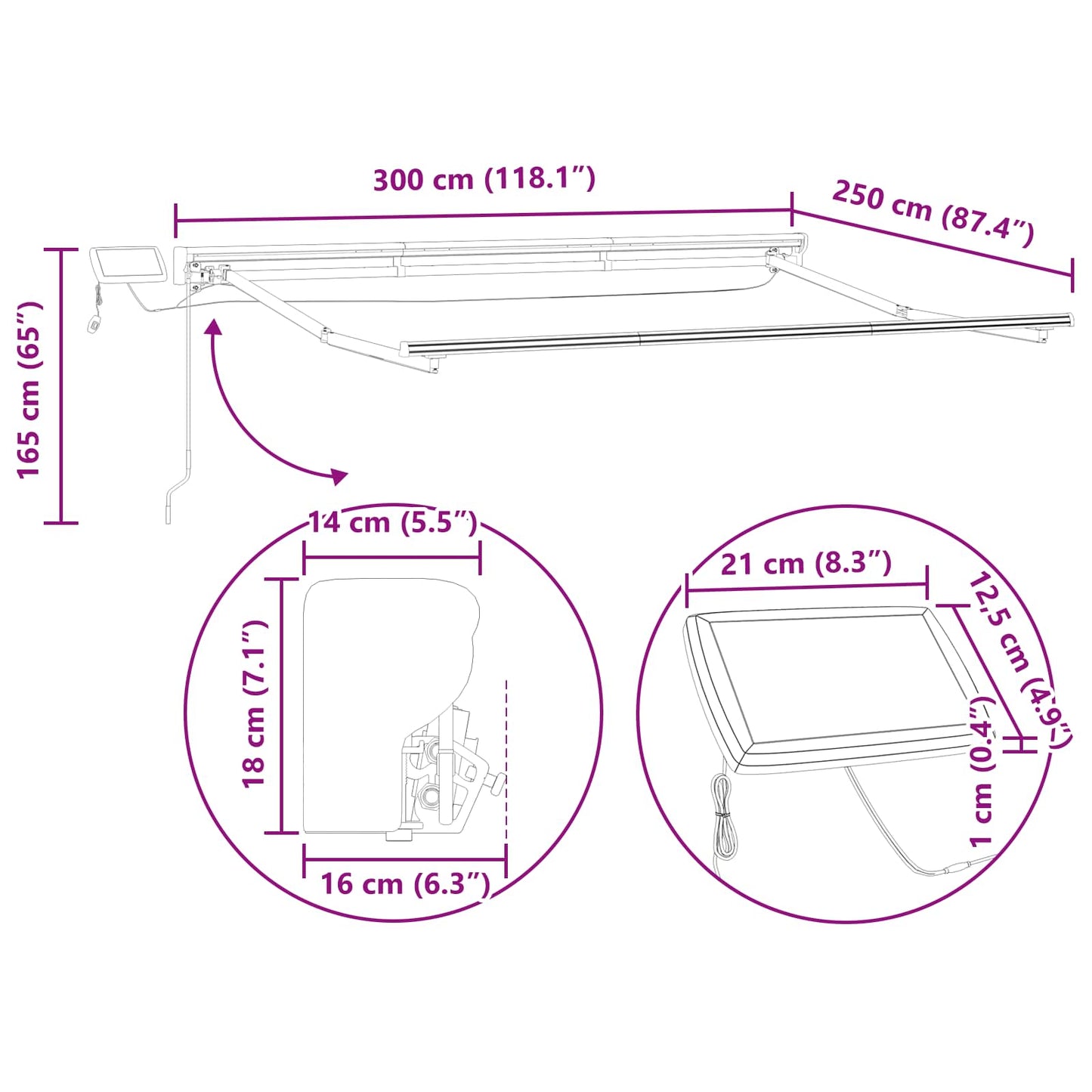 vidaXL Χειροκίνητο πλαίσιο τέντας με LED Λευκός 3 x 2,5 μ Αλουμίνιο