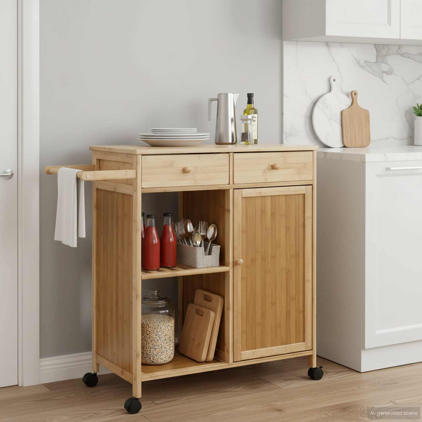 vidaXL Καλάθι κουζίνας με ρόδες Φυσικό 90,5 x 36 x 86,5 εκ Μπαμπού