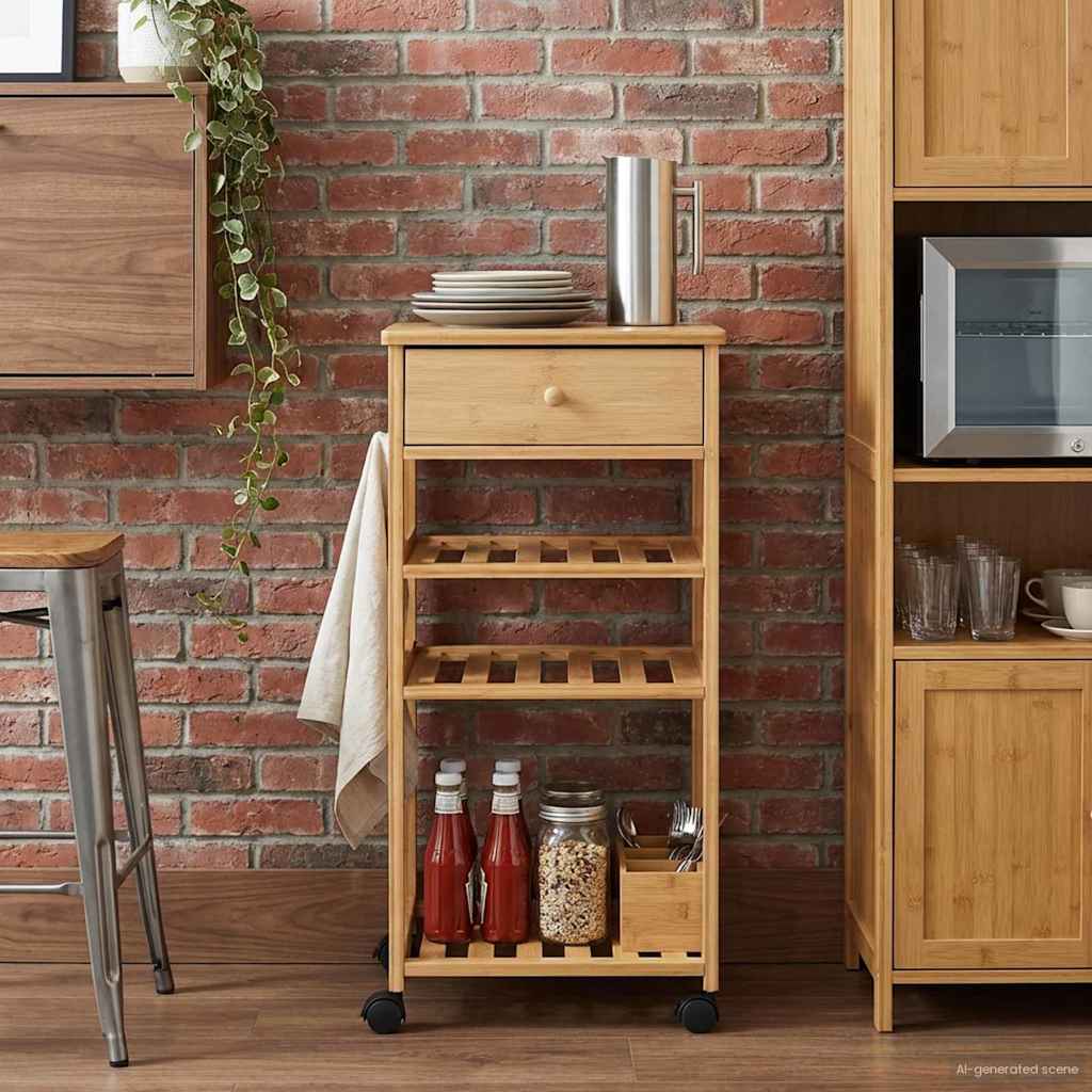 vidaXL Καλάθι κουζίνας με ρόδες Φυσικό 37 x 36 x 80 εκ Μπαμπού
