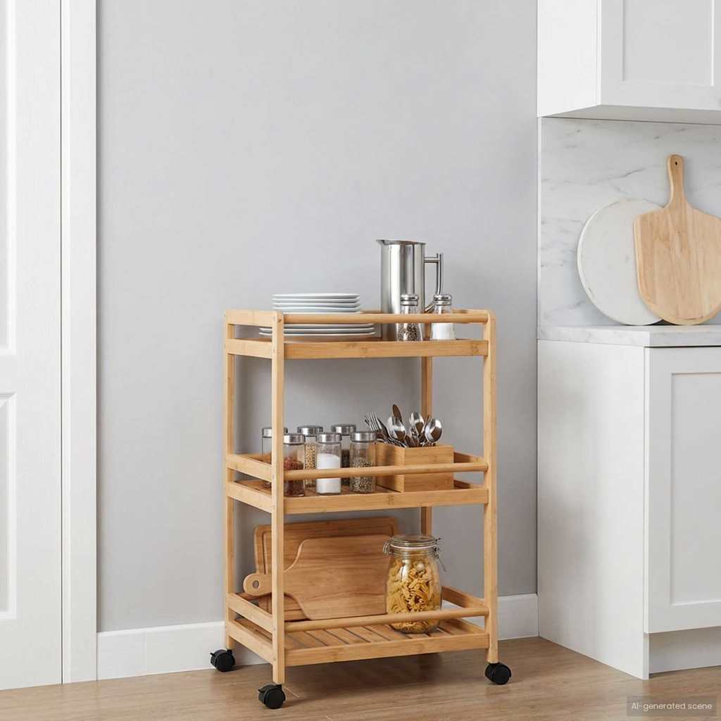 vidaXL Καλάθι κουζίνας με ρόδες Φυσικό 46 x 38 x 76 εκ. Μπαμπού