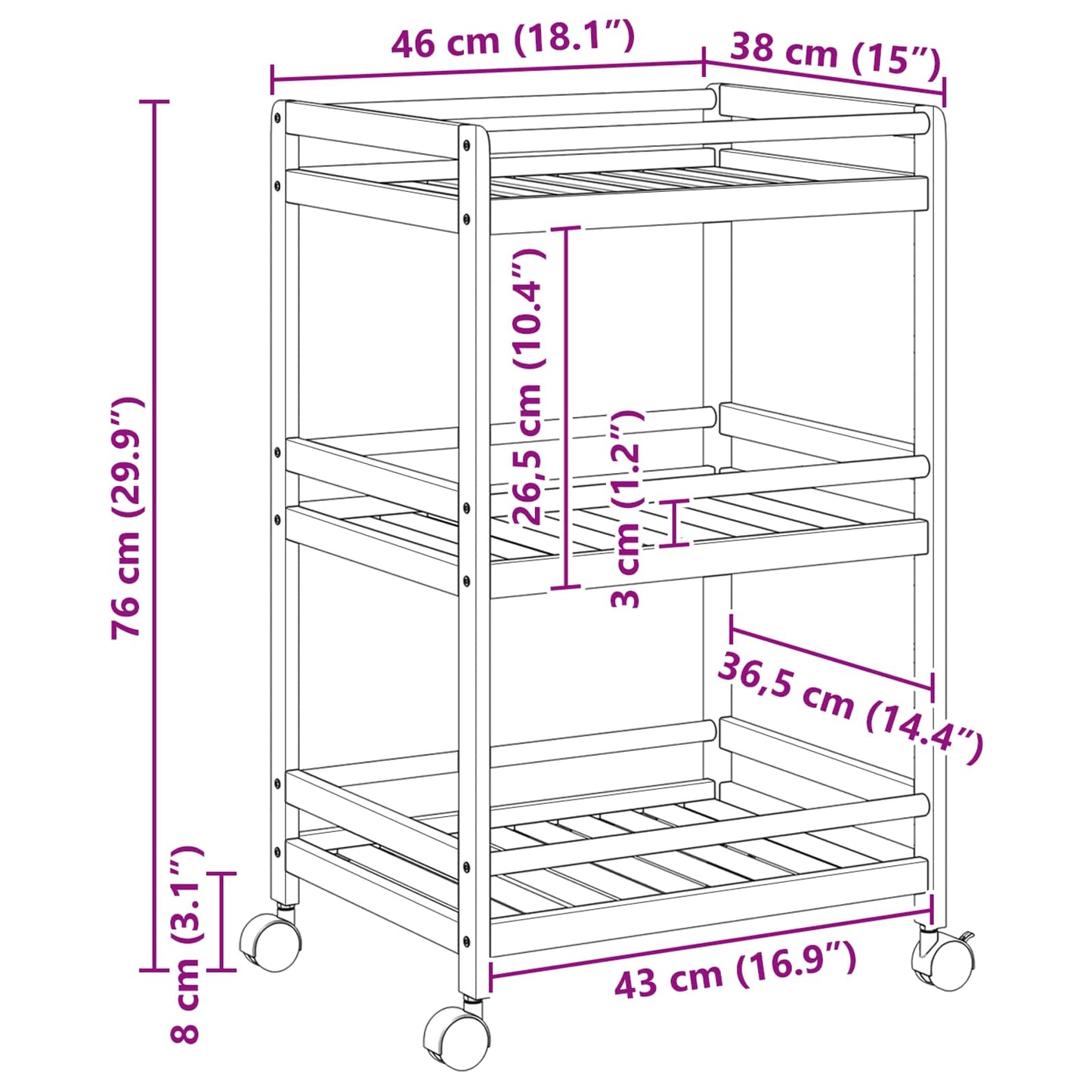 vidaXL Καλάθι κουζίνας με ρόδες Φυσικό 46 x 38 x 76 εκ. Μπαμπού