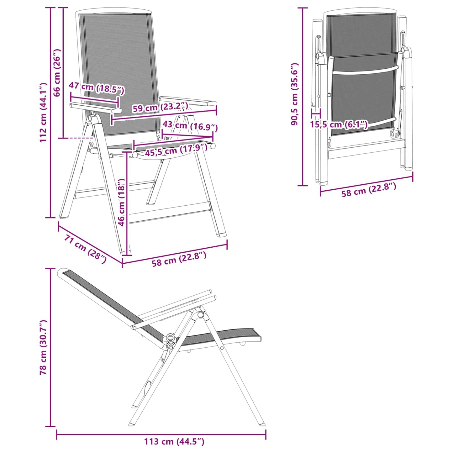 vidaXL Ανακλινόμενες καρέκλες κήπου 2 pcs Μαύρο 58 x 71 x 112 εκ.